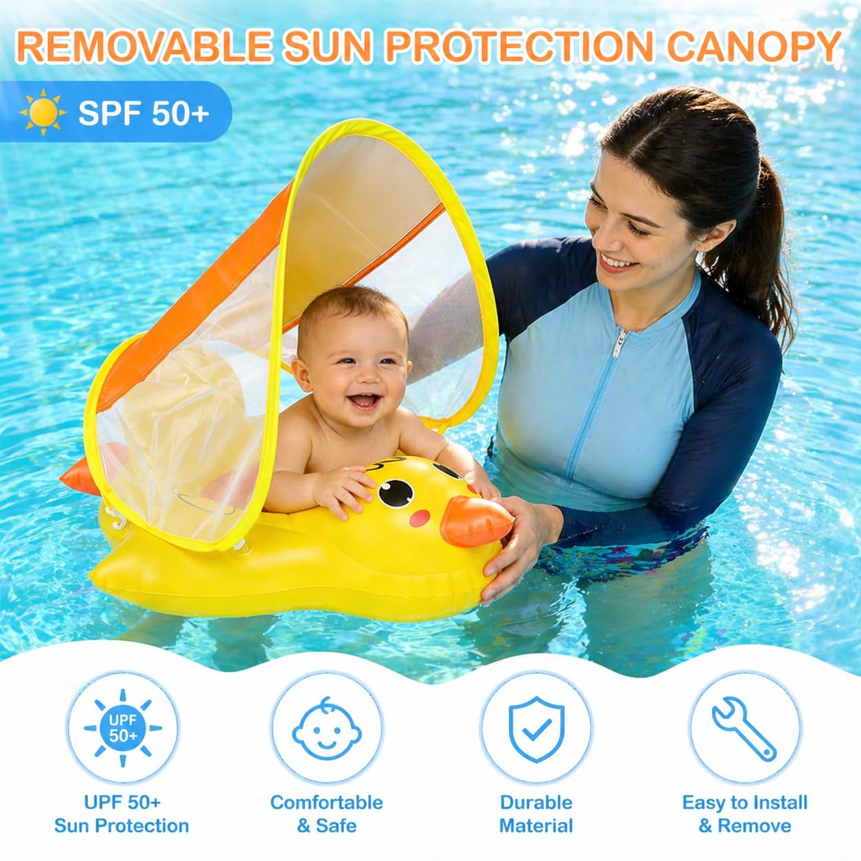 Qingning Galleggiante Neonato con Parasole Rimovibile, Anatra Salvagente Gonfiabile con Sedile di Sicurezza per Bambini, Galleggianti da Piscina Baby con Protezione Solare, Salvagente per Neonati