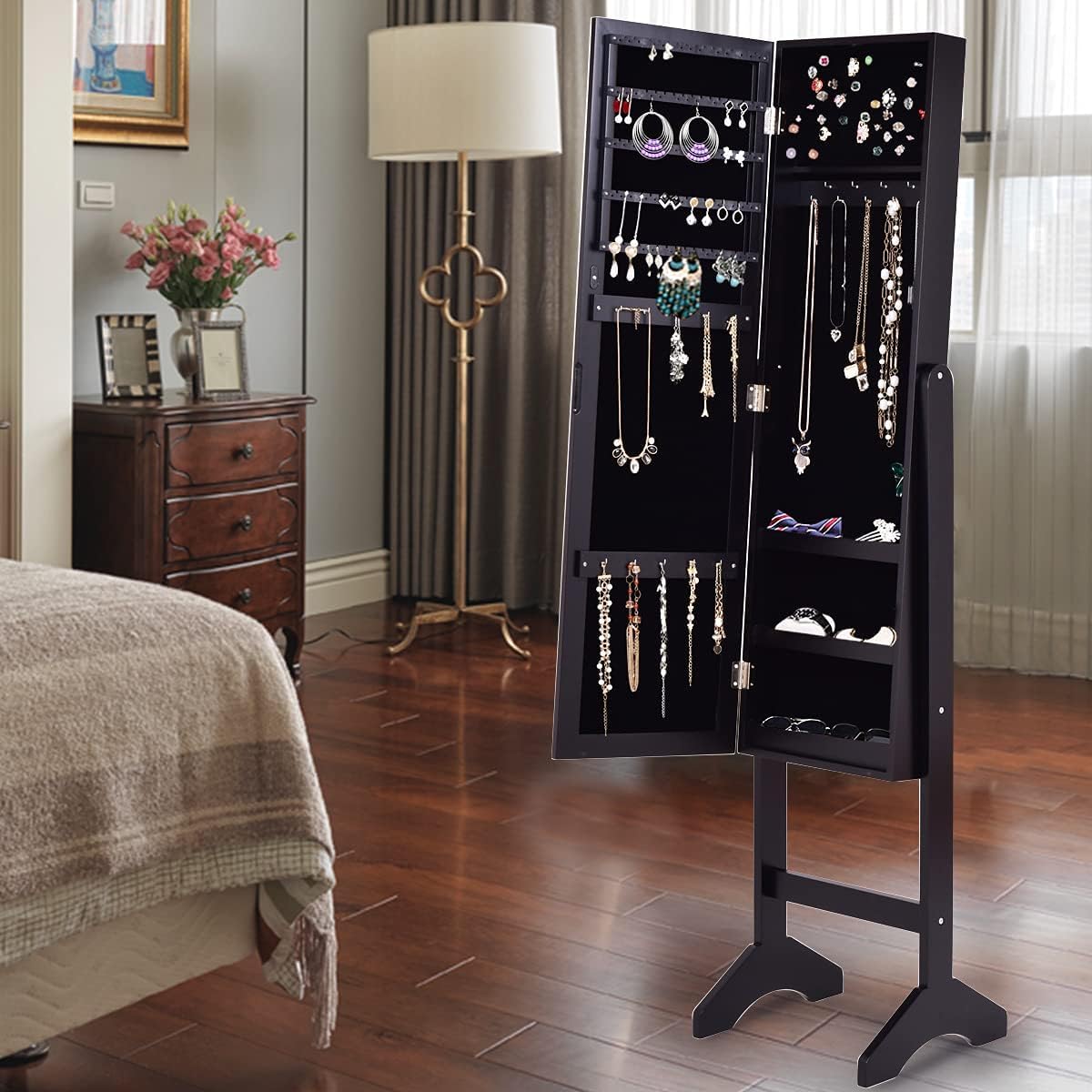 RELAX4LIFE Armoire à Bijoux sur Pieds avec Miroir Pleine Longueur HD, Miroir Rangement Bijoux Inclinable avec Cadre Strass, Grande Capacité pour Colliers Bracelets Boucles d’Oreilles (Noir)