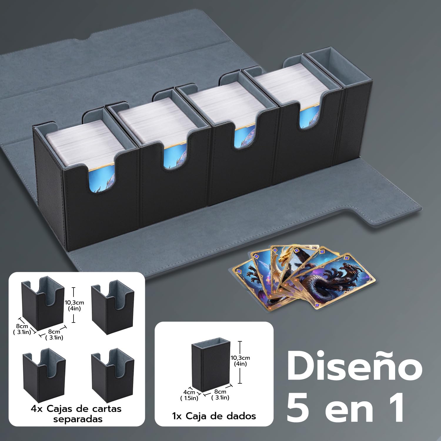 Caja de Tarjetas para MTG, Cajas de Almacenamiento Separadas 5 en 1 para más de 800 Tarjetas, Caja con Tapa magnética de Cuero PU con Bandeja para Dados para Tarjetas Magic Commander TCG Negro