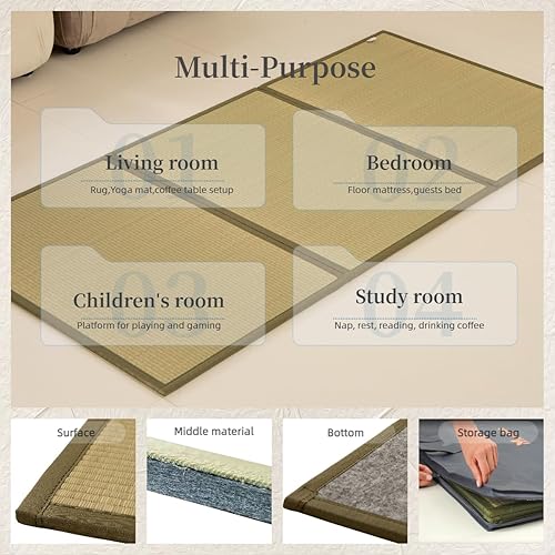 Miniatura 5 de MustMat Tatami Mat - Colchón de suelo japonés individual XL, plegable, colchón de cama Rush Grass(Twin_xl-39 x 82 pulgadas)