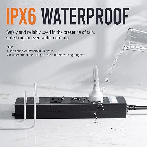 Miniatura 2 de Tira de alimentación para exteriores resistente a la intemperie, IPX6, cable de extensión impermeable con múltiples salidas con puertos USB,