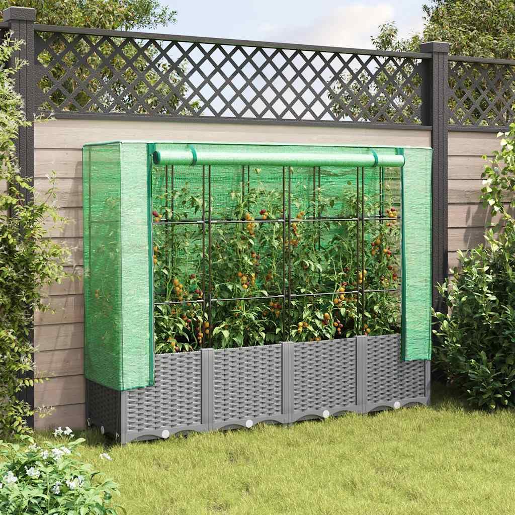 Aiuola rialzata con serra effetto rattan, 160 x 40 x 138 cm, in polipropilene e telaio in ferro, resistente al gelo, per giardino, terrazza, balcone, verdure, erbe e fiori