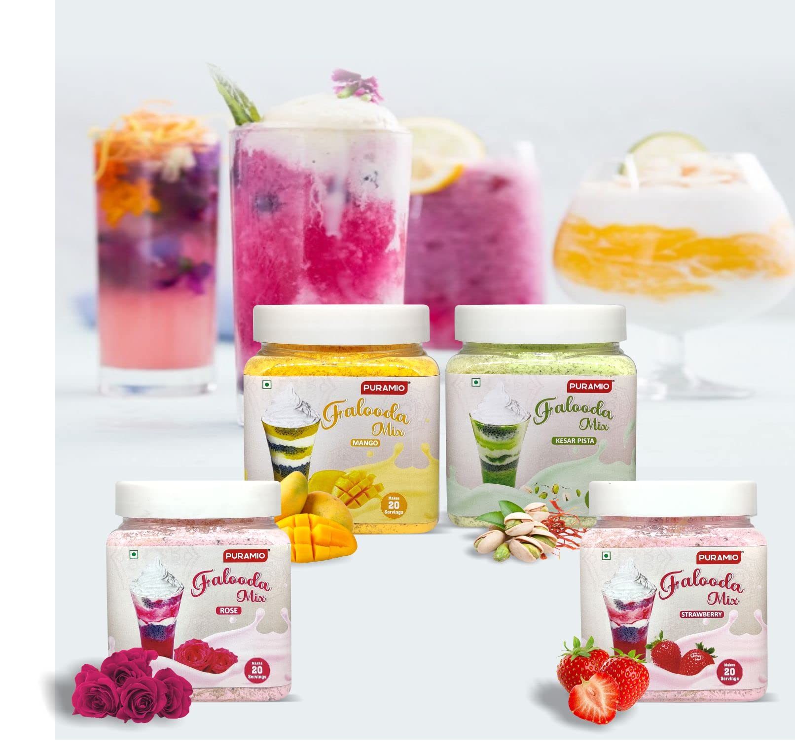 Puramio Falooda Mix Combo, 500g Each (Pack of 4)- Strawberry, Rose, Mango & Kesar Pista