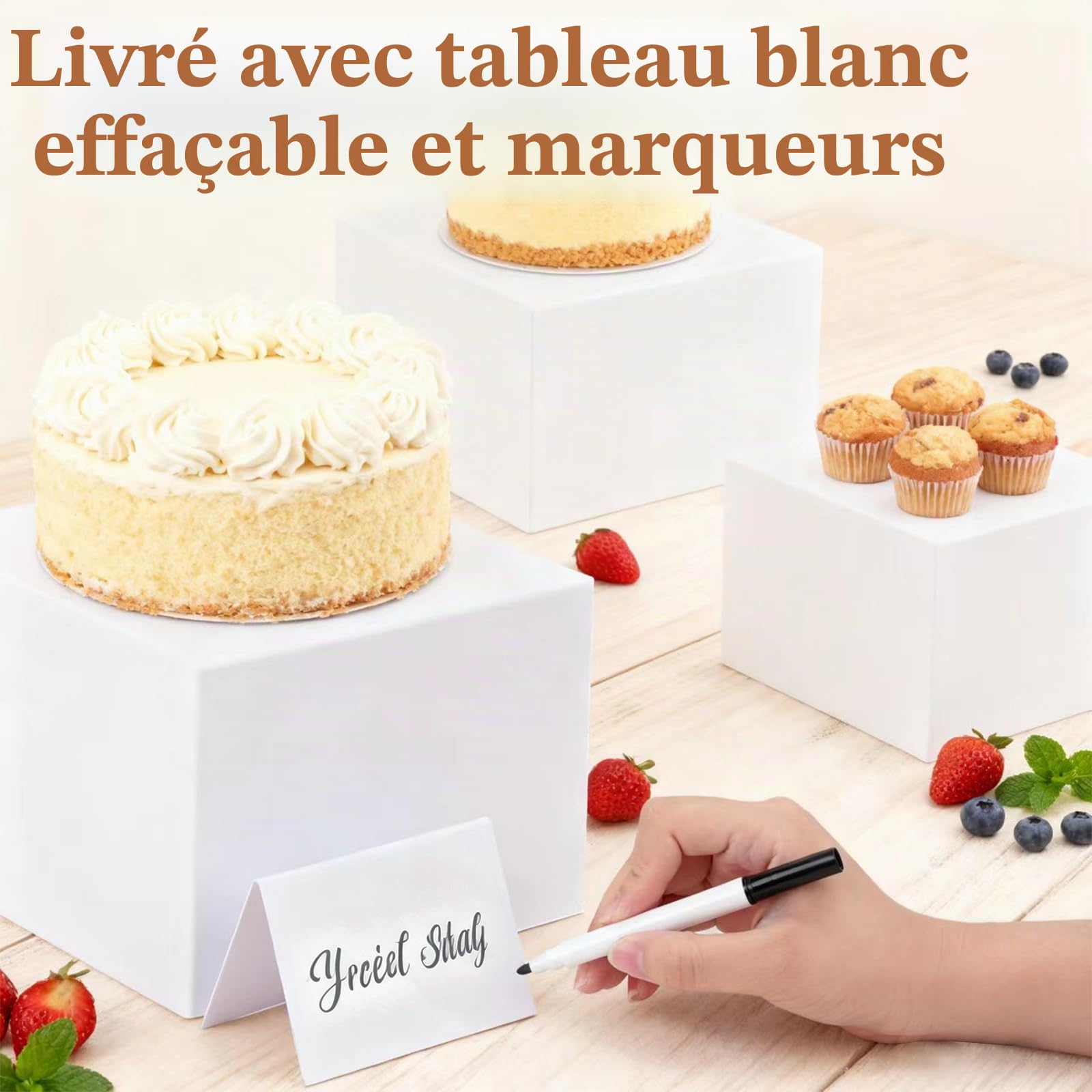 Lot de 14 rehausseurs empilables en acrylique pour buffet, 6 tailles, avec 6 mini panneaux et 2 stylos, présentoir de table avec fond creux pour fêtes, anniversaires et mariages (13 à 26 cm)