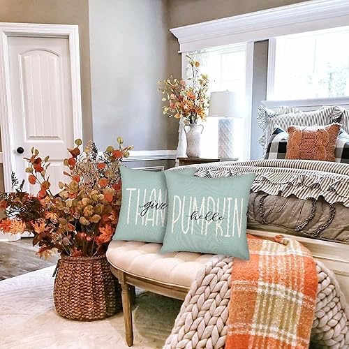 Miniatura 4 de Juego de 4 fundas de almohada de otoño de 22 x 22 pulgadas, diseño de búfalo con texto en inglés "Hello Pumpkin Give Though", a cuadros, decoración