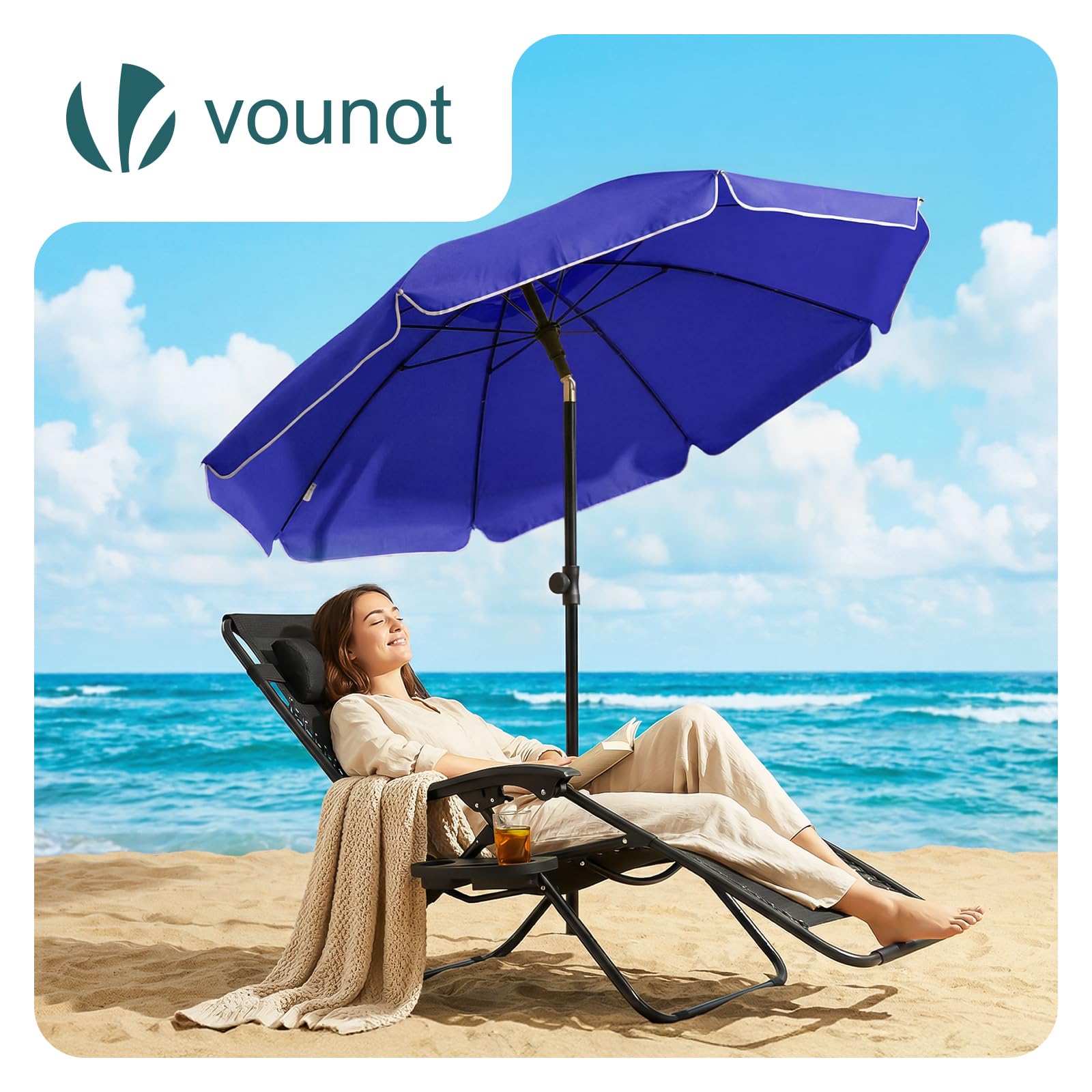 VOUNOT® Sombrilla Playa Grande Ø200cm y Soporte Arena Mástil Inclinable Altura Regulable Protección UV 50+ Parasol con Techo Ventilación Bolsa Transporte para Playa Terraza Balcón Camping Exterior — view 2