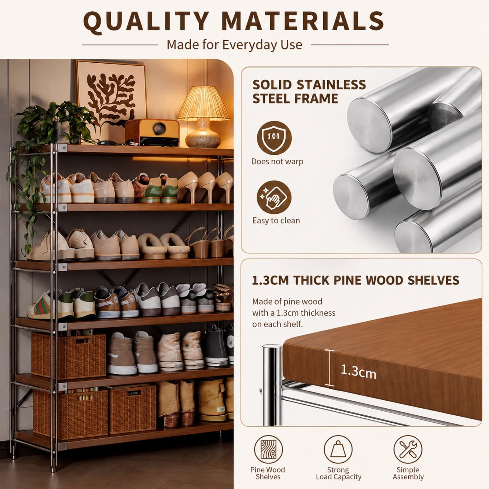 Zapatero, Organizador de Zapatos de Madera y Metal con Estantes Ajustables