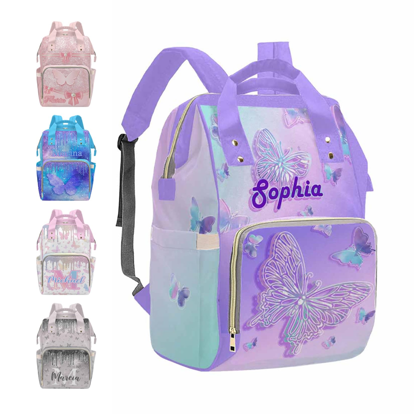 MyPupSocks Personalized Butterfly Diaper Backpack, Custom Glitter Diaper Bag Mummy Nursing Baby Bag Casual Travel Daypack Fashion Shoulder Bag for