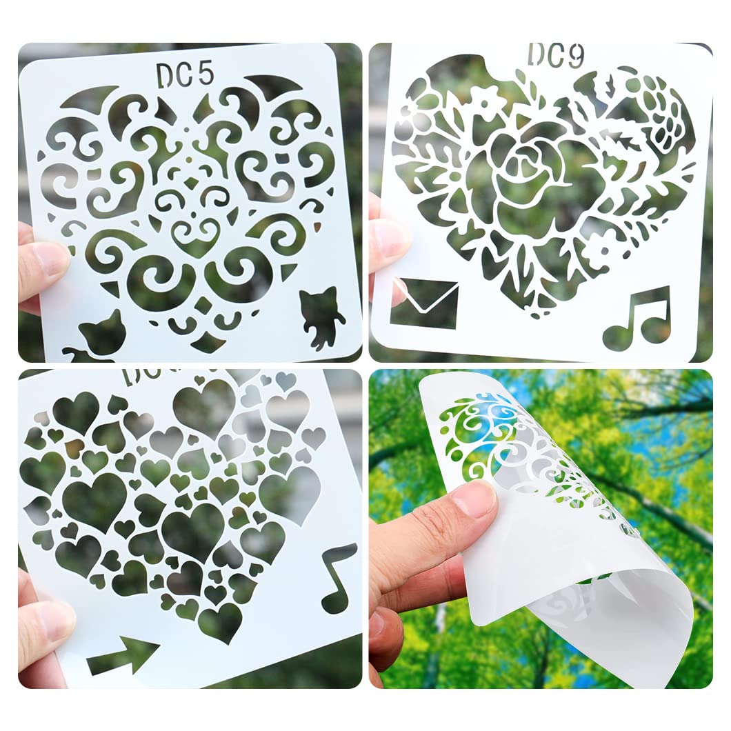 Rolin Roly 9PCS Pochoir Amour Cœur Pochoirs De Peinture D'artMotif Rose Fleur Pochoir Bricolage