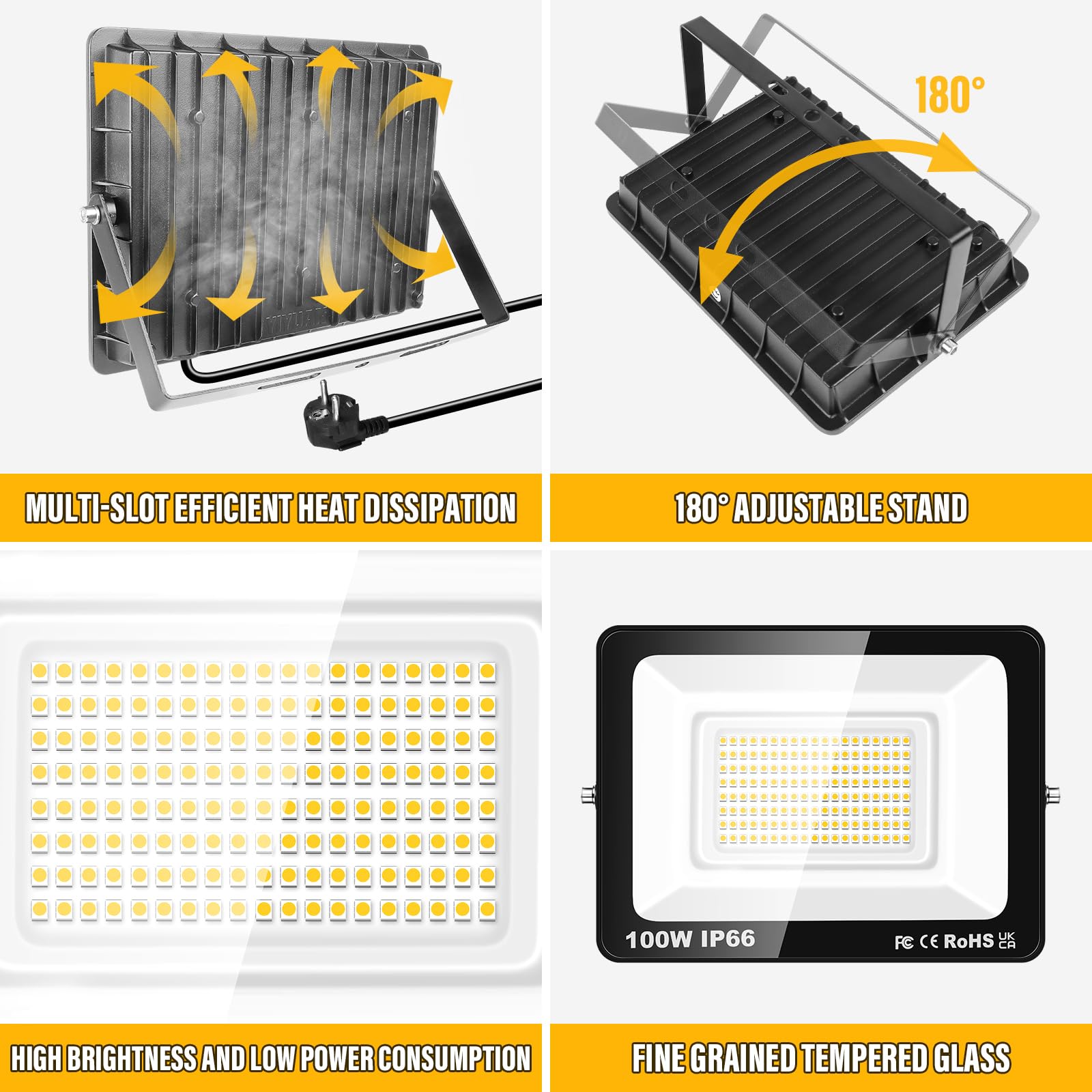 PICAA 2X Led Außenstrahler, 100W Flutlicht IP66 wasserdicht,warmweiß 3000K | 10000LM, Sicherheitslicht, Außenwandleuchte, für Garten, Hof, Garage, Terrasse, Lager, mit EU Stecker