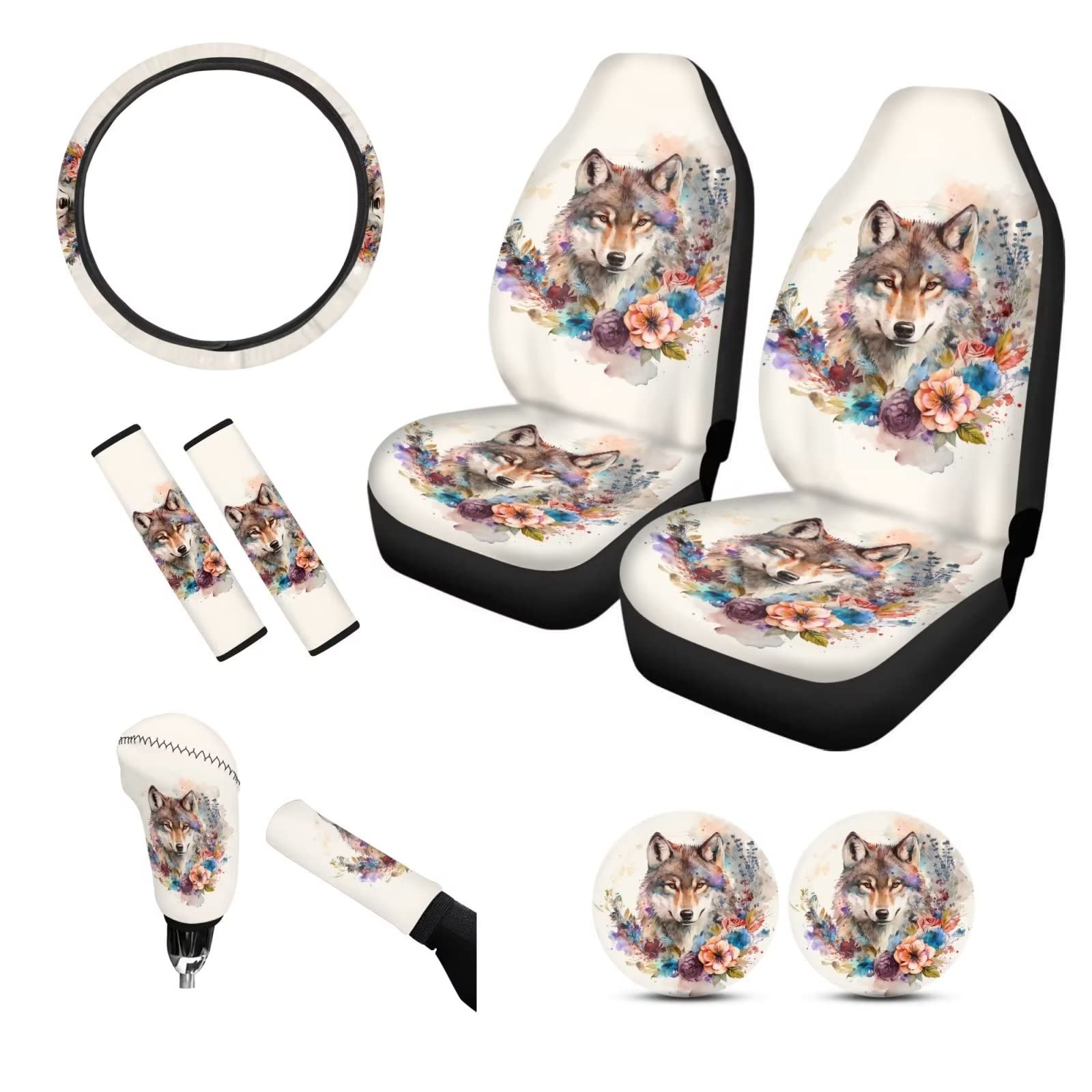 Tupalatus Auto Front Seat Covers Steering Wheel Cover,Seat Belt Shoulder Pads,Cup Holder,Gear Shift Knob Cover,Car Handbrake Protector Full Set of 9 Pieces for Women Gifts, Retro Wolf Floral Beige
