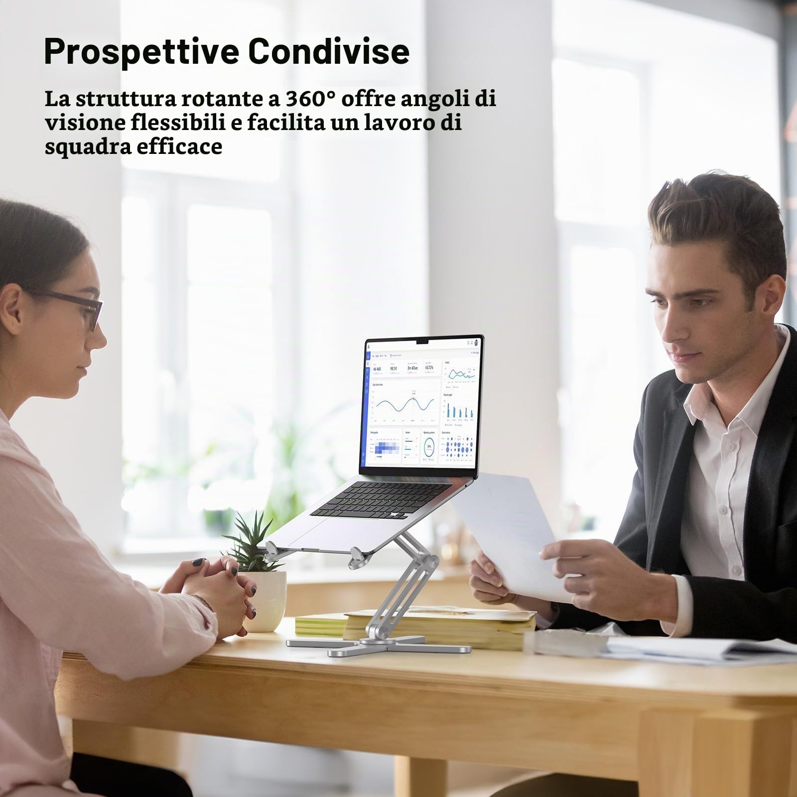 OMOTON Supporto pieghevole per computer portatile con base rotante a 360°, supporto ergonomico per laptop per lavoro collaborativo, adatto a tutti i laptop fino a 16", argento