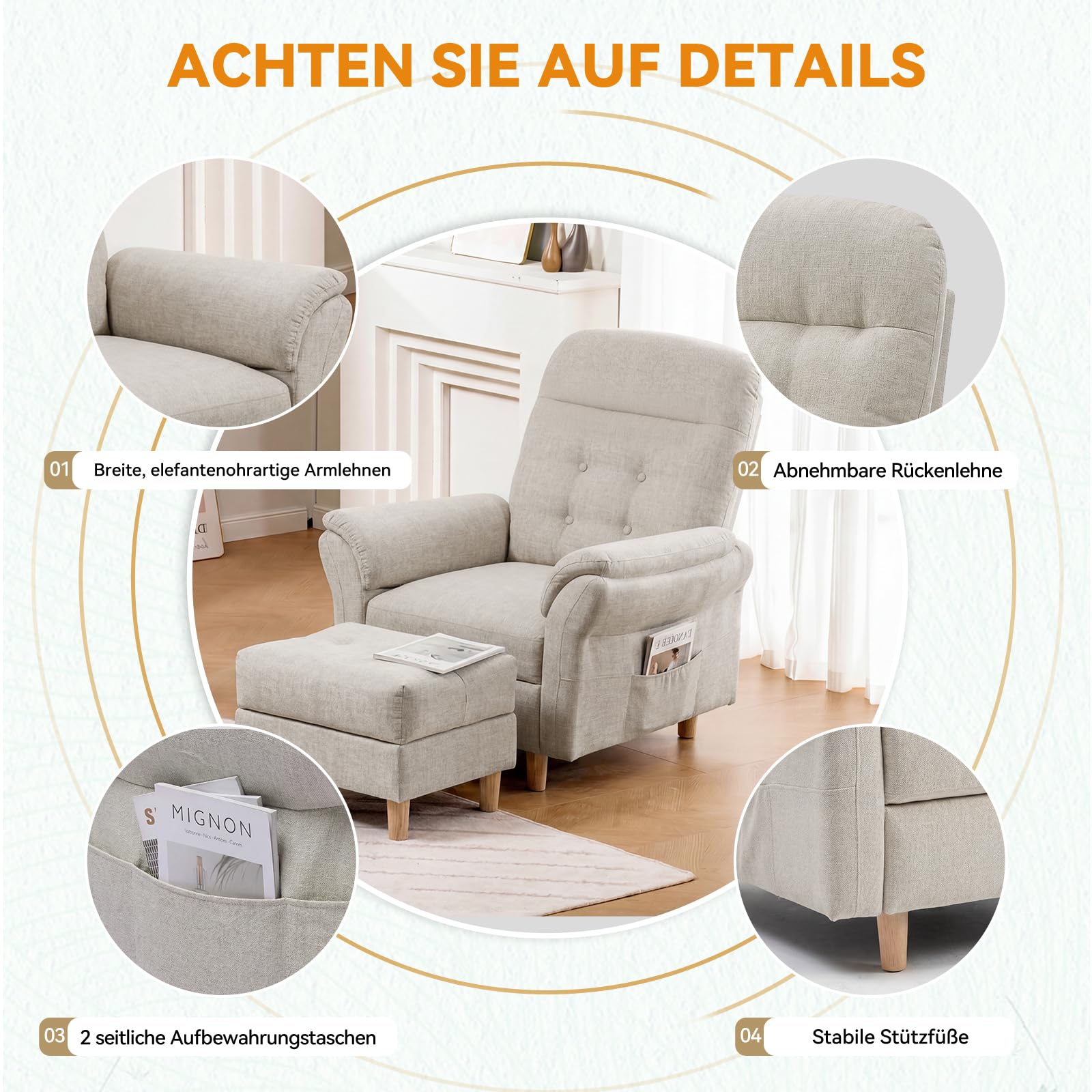 COMHOMA Relaxsessel Fernsehsessel mit Liegefunktion, Liegesessel mit Hocker & 4 Verstellbarer Rückenlehne, Polstersessel Stoff Einzelliegesessel Wohnzimmer Schlafzimmer Heimkino, Chenille, Beige