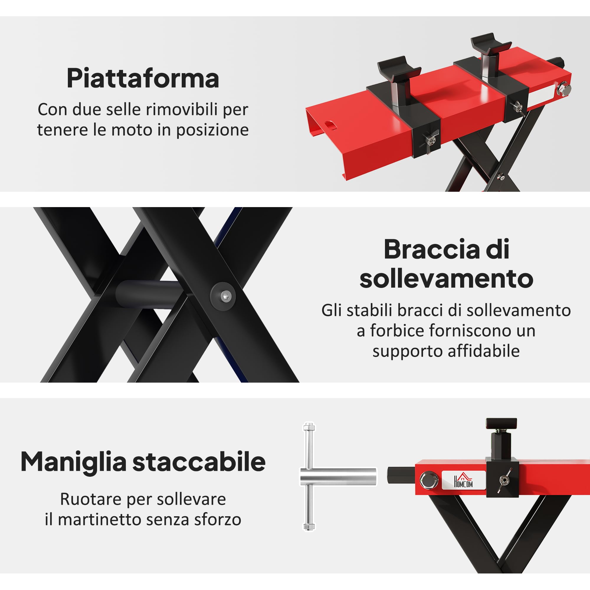 HOMCOM Sollevatore Moto in Acciaio Max 500kg, Cavalletto Alzamoto Pieghevole con Altezza Regolabile 9.5-40 cm e Manovella, Piattaforma da 45x15 cm, Rosso