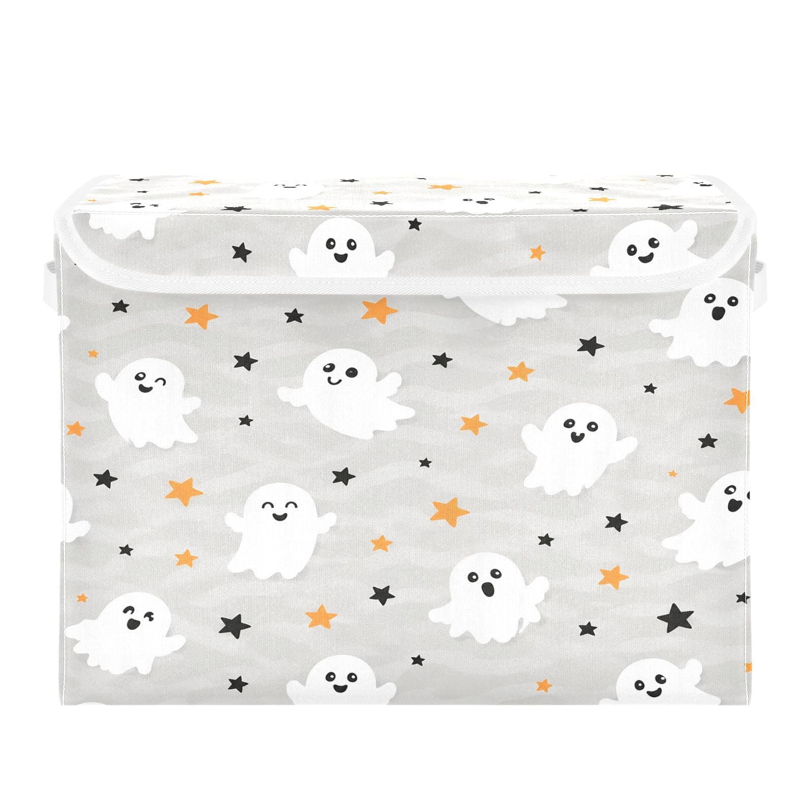 Ewusp Halloween Boo Fabric Storage Bin with Lid, Decorative Foldable Storage Basket with Handles, Stackable Closet Shelf Organiser Box for Clothes, Books, Bedroom, Living Room