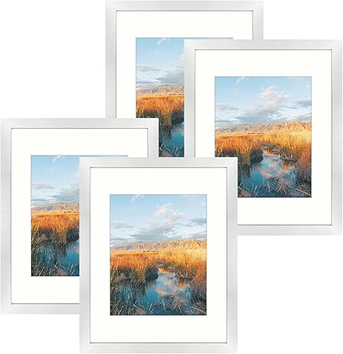 Golden State Art, Portarretratos plateado de 11 x 14 pulgadas con paspartú marfil para mostrar fotos de 8 x 10 pulgadas, cristal real (paquete de 4) disponible en Yaxa Peru