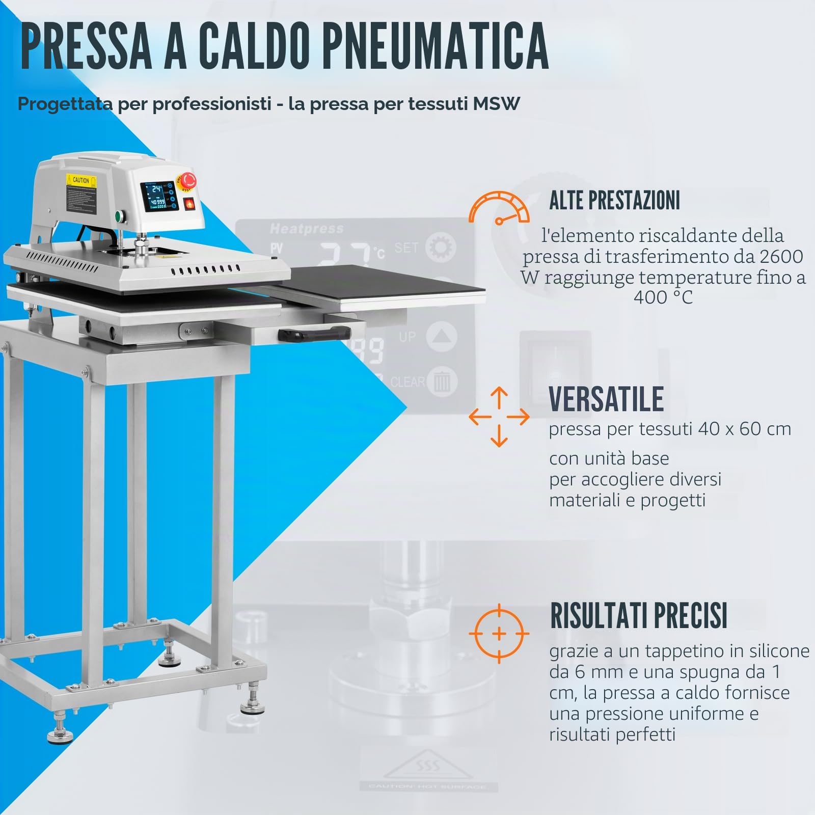 MSW Termopressa pneumatica Doppia 40 x 60 cm Con base Termopressa per cappellini Pressa a caldo per magliette Termopressa pneumatica