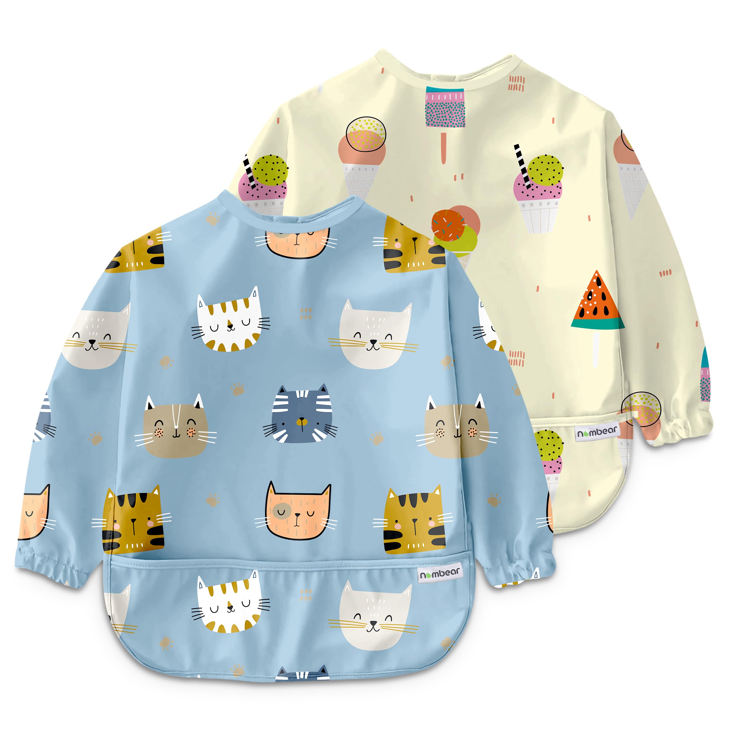 Nombear Baby Bibs with Sleeves for 6-24 Months, 2 Pack, Easy Wipe Clean, Machine Washable Baby Weaning Bib with Sleeves