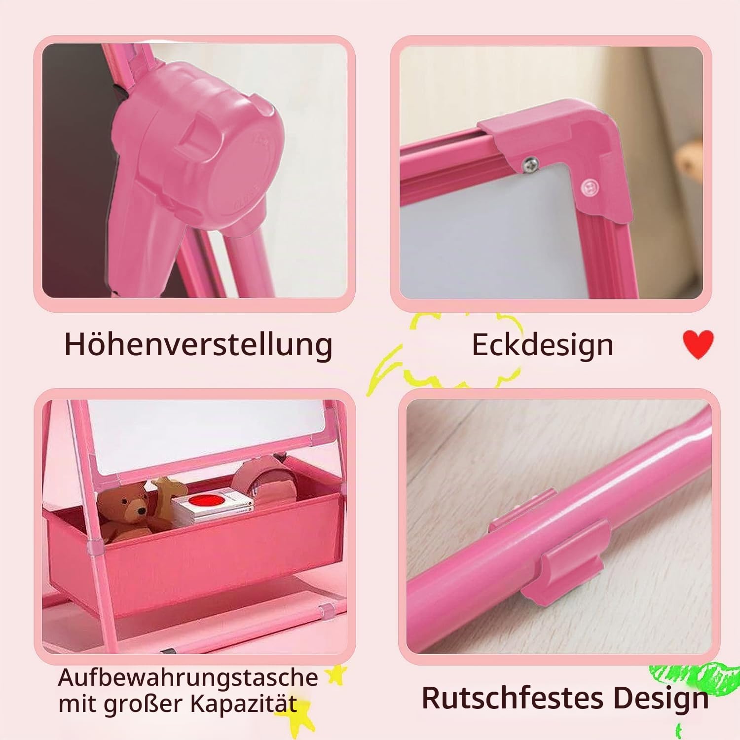 Tafel kinder,Mit Schürze, Alphabet Cartoon,Doppelseitige Magnettafel Maltafel Schreibtafel Kinder,Um 360° drehbar,63-107cm Hoch Verstellbar, Geschenk mädchen 3 4 5 7 8 jahre（Rosa）