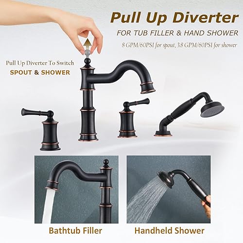 Miniatura 3 de Juego de grifo de bañera romano con ducha de mano, montaje en cubierta de 4 orificios, llenador de bañera con desviador, mango de 2 palancas,