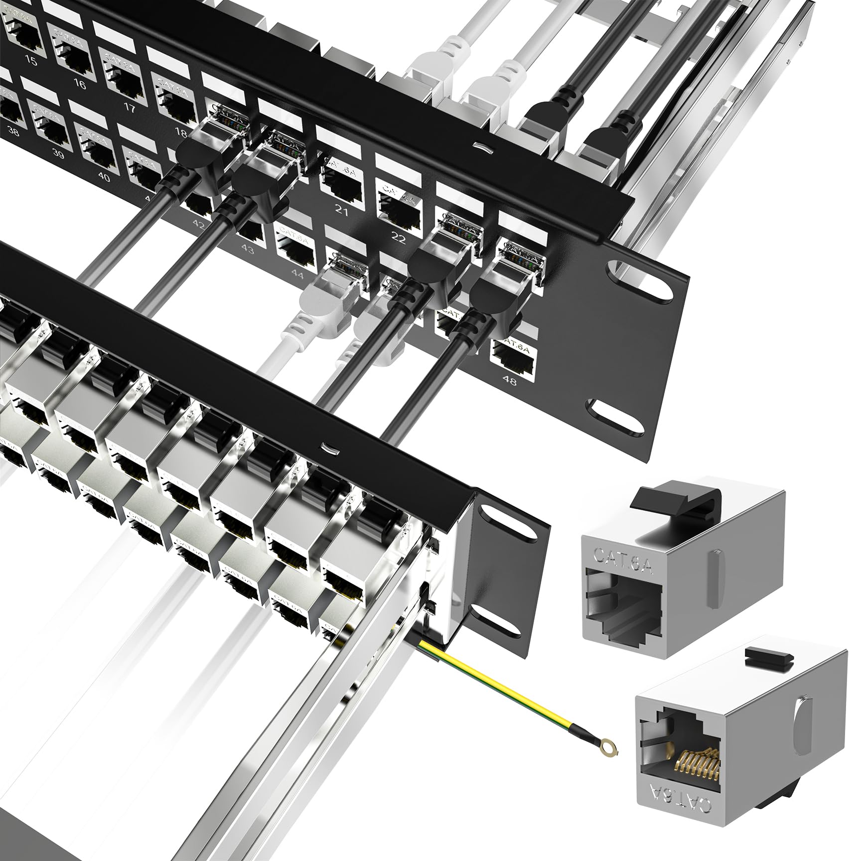Jadaol Panneau de brassage blindé à 48 ports ou montage mural de 48,3 cm, panneau réseau 2U Cat6A préchargé avec 48 coupleurs Keystone plus 2 de rechange, panneau Ethernet 10 Gbit/s avec gestion des