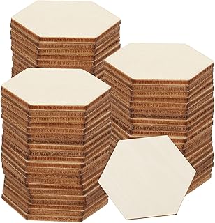 HARFINGTON 50pcs Unfinished Wooden Hexagon 1" x 1.1" x 0.08" Blank Wood Slices Cutouts Tiles for DIY Crafts Painting Coasters Home Decoration
