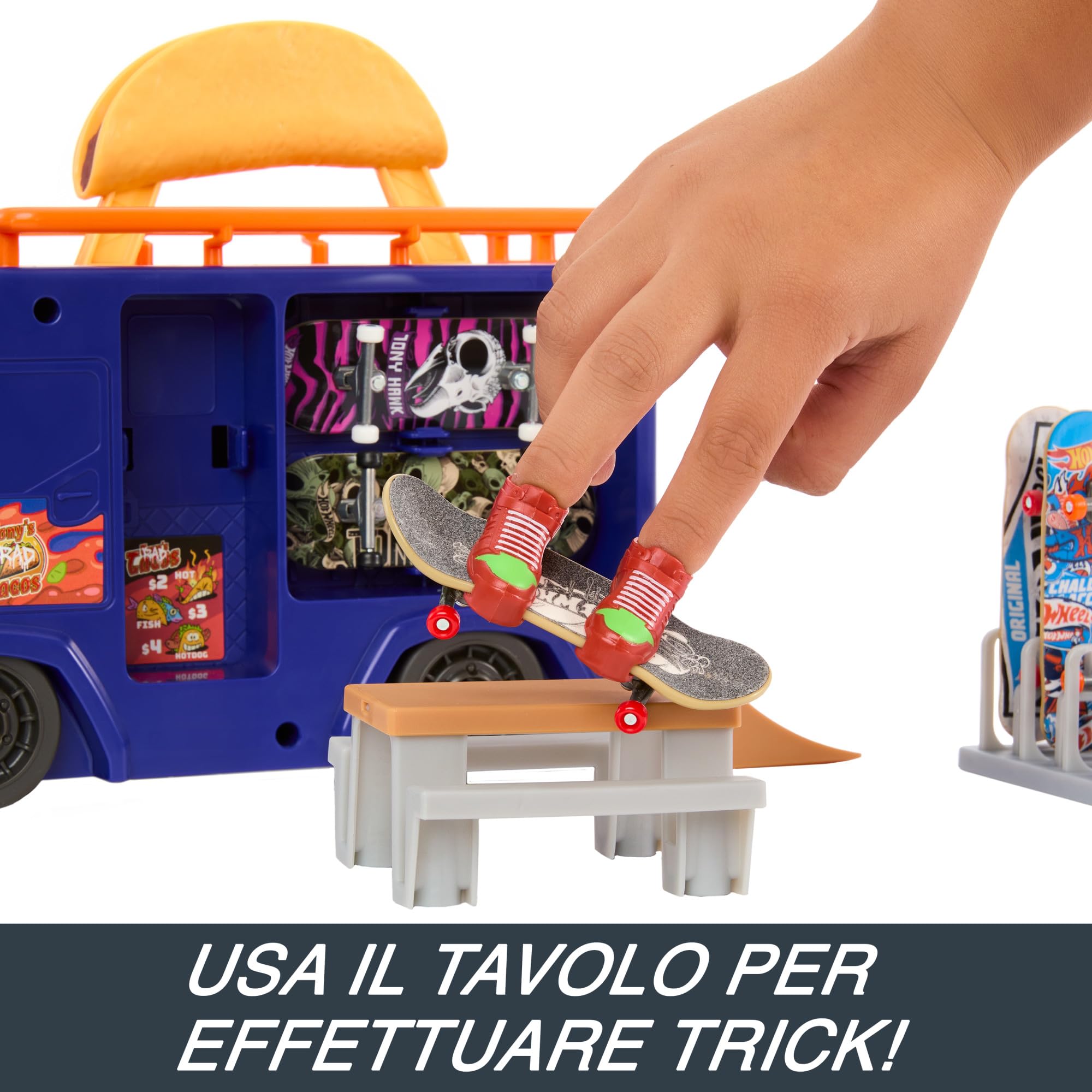 Hot Wheels Skate - Skatepark portatile, Valigetta Taco Truck con 1 Mini Skate esclusivo e 1 paio di scarpine rimovibili inclusi, playset portatile e spazioso, giocattolo per bambini, 5+ anni, HMK00