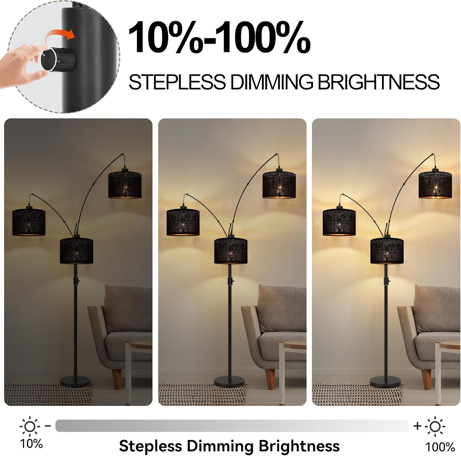Dimmable Floor Lamp-3 Lights Arc Floor Lamps for Living Room,Modern Tall Standing Lamp With Black Drum Hollow-carved Linen Shades,Gothic Mid Century Tree Floor Lamp for Bedroom Corner,Bulbs Included