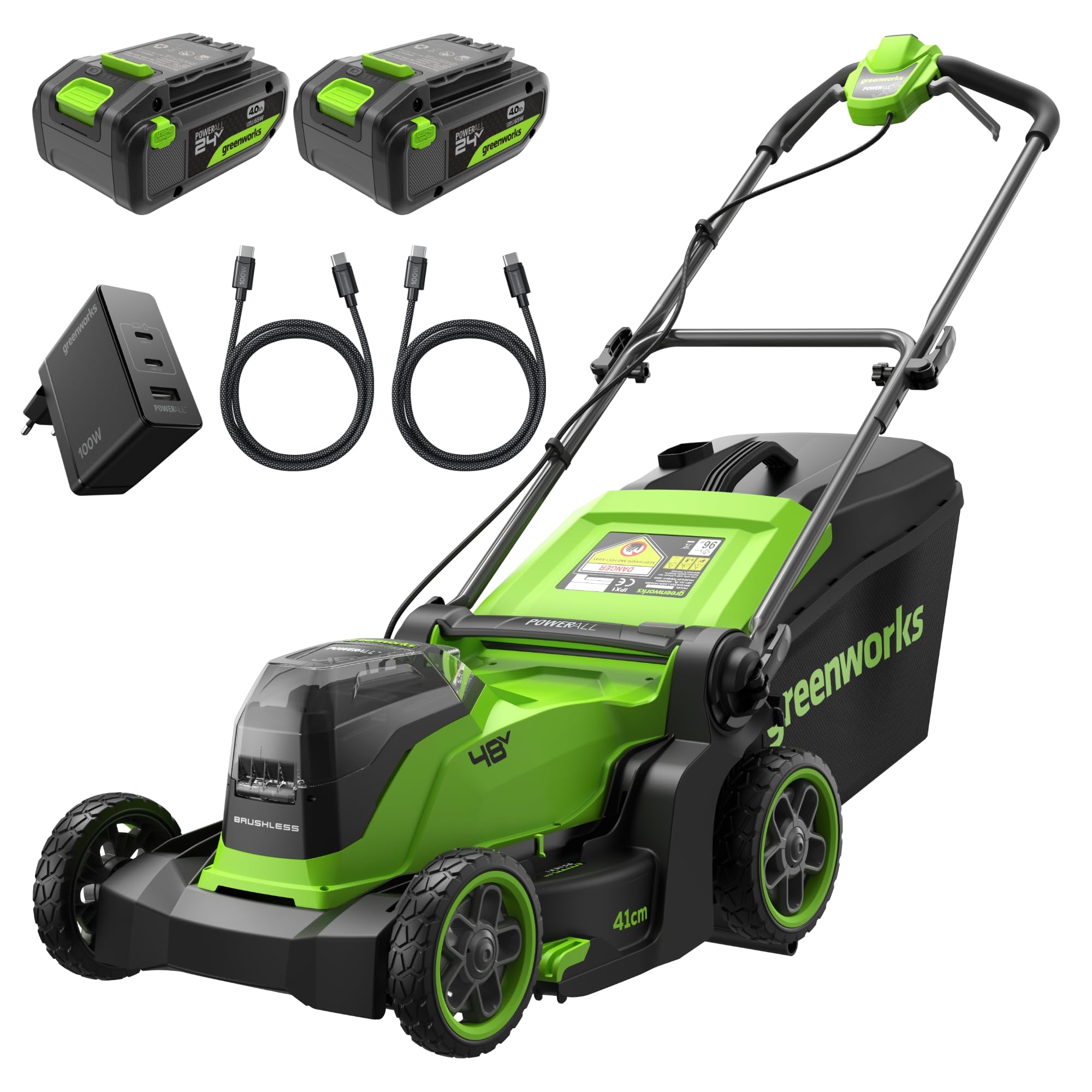 Greenworks 48V (24V x 2) Tosaerba a Batteria Li-Ion, Ampiezza di taglio 41cm, Tagliaerba Elettrico Batteria CON Due Batterie 4Ah e Caricabatterie Doppio MO48L422-01