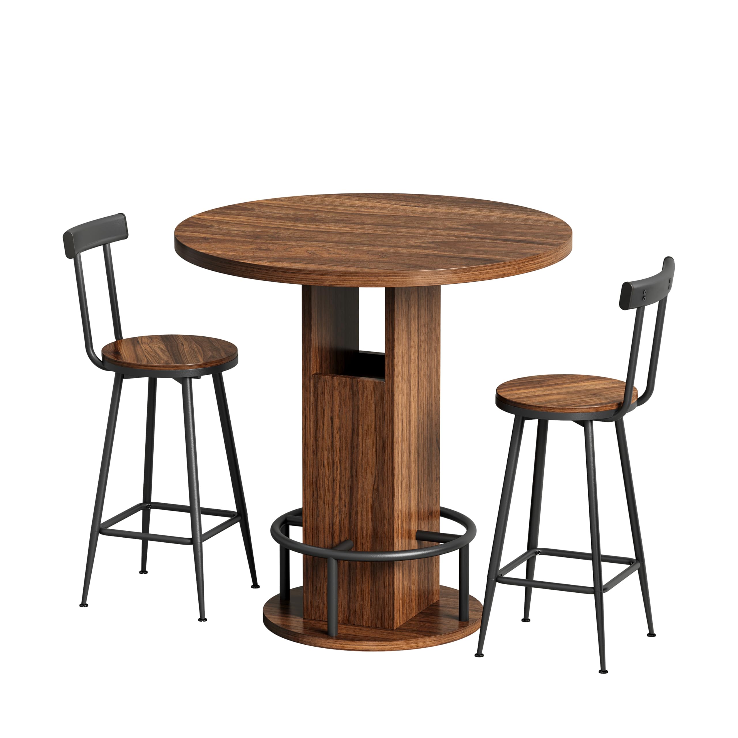 Set Tavolo da Bar con 2 Sgabelli in Legno e Acciaio, Cucina, Noce, 3 Pezzi