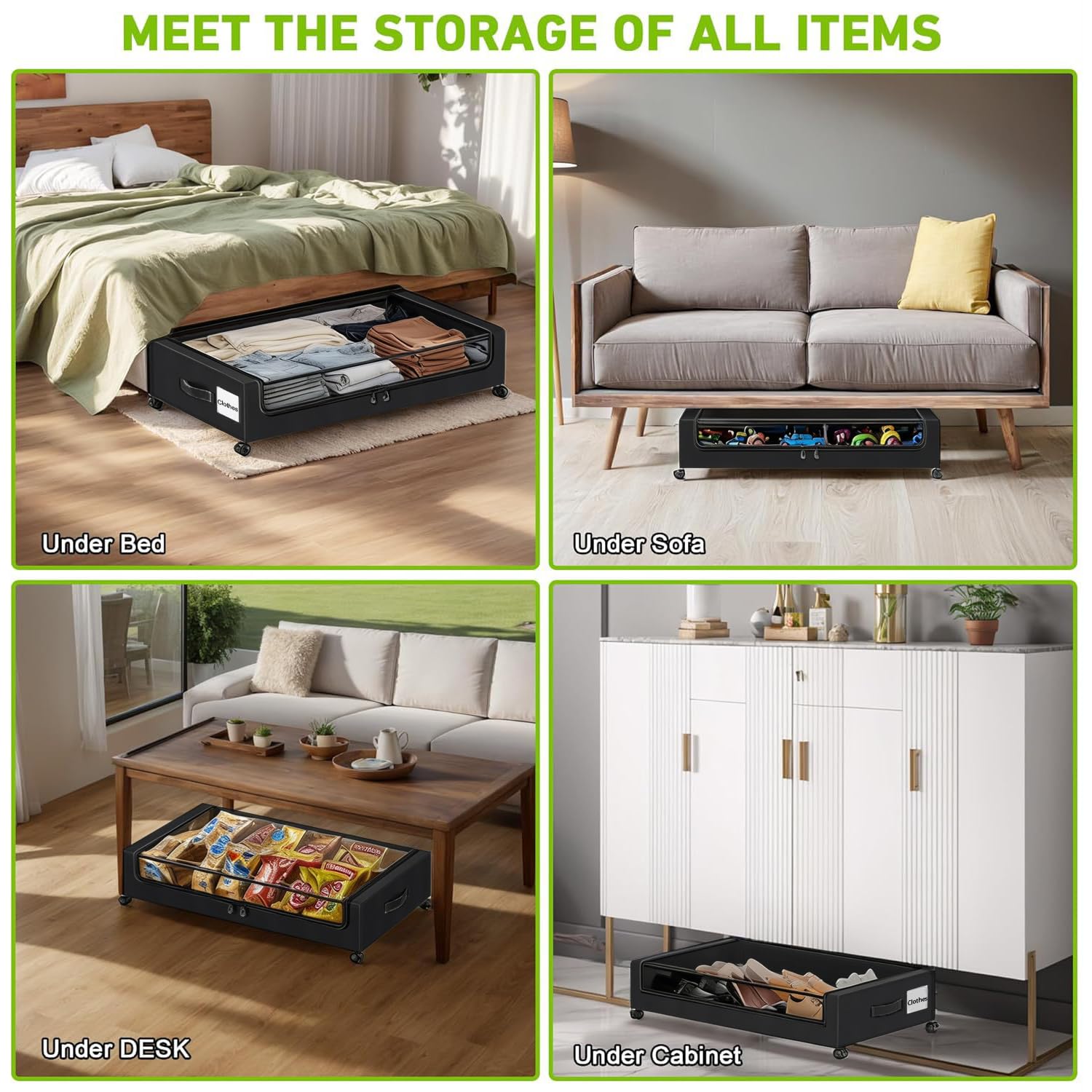 SPEEDEVE 2 Pezzi Contenitori Sottoletto con Ruote 50L Cassettiera con PVC Coperchio Salvaspazio Organizer per Vestiti Scarpe Libri Giocattoli Coperte,Nero,2 pezzi