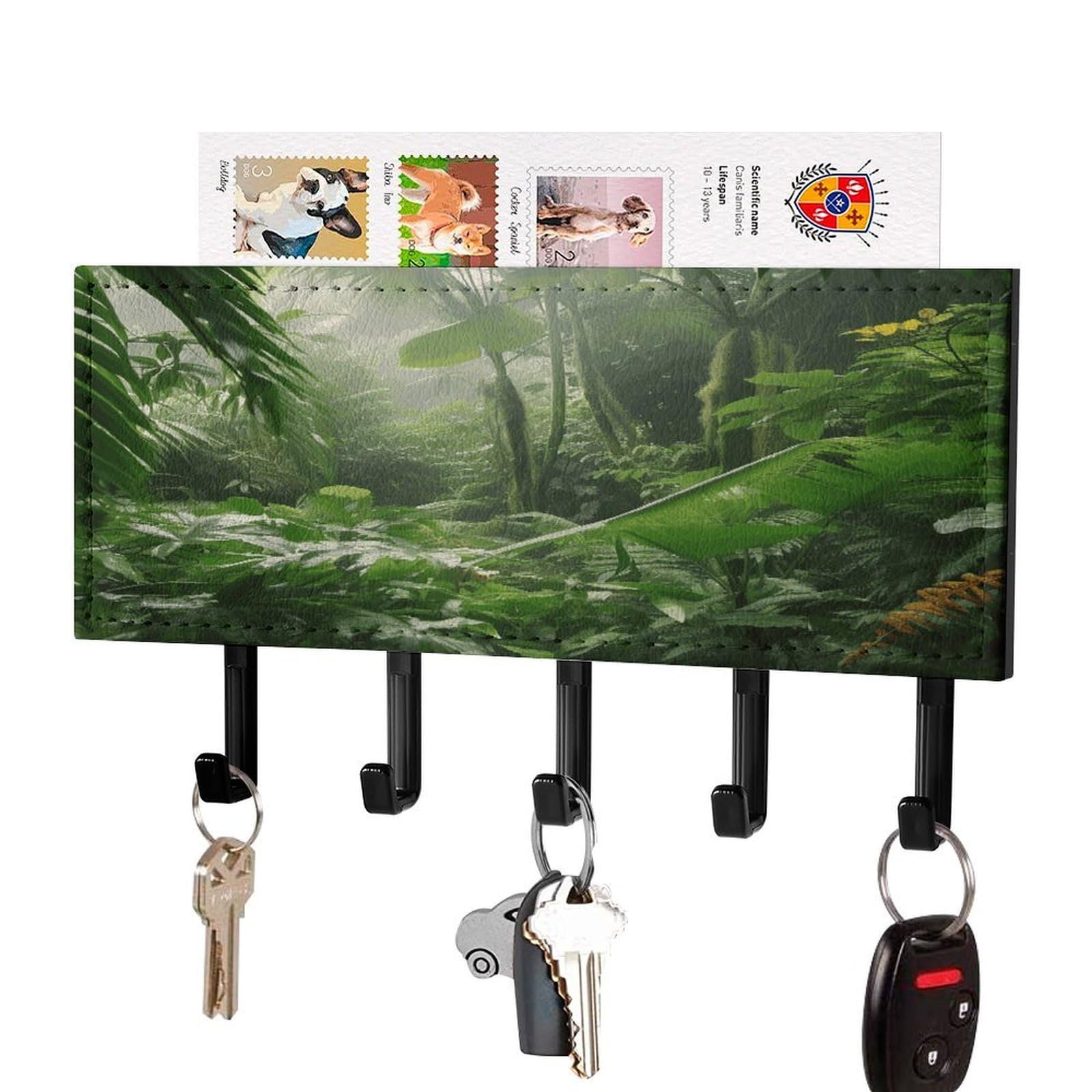 Fekiloot Black-Style Tropical Rainforest Key Holder Wall Mount Key Hanger With 5 Hooks Decorative Key Rack Hanging Key Hooks With Mail Organizer Key Holder For Wall Living Room Kitchen Bathroom Hallway Black