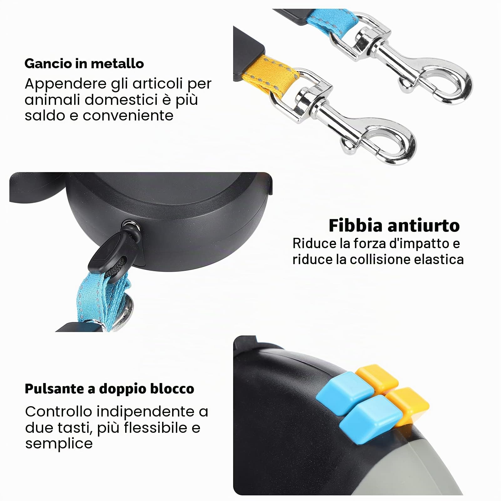 Jiawu Guinzaglio per cani doppio retrattile, con luce LED per due cani, guinzaglio estensibile a doppia testa, con corda regolabile da 3 m, senza grovigli, impugnatura antiscivolo (nero)