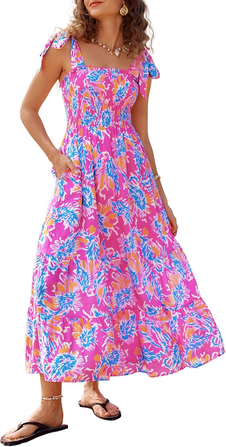 Kate Kasin Summer Womens Floral Boho Maxi Dress, Spaghetti Tie Strap Long Sun Dresses, 2026 Vacation Beach Smocked Sundresses