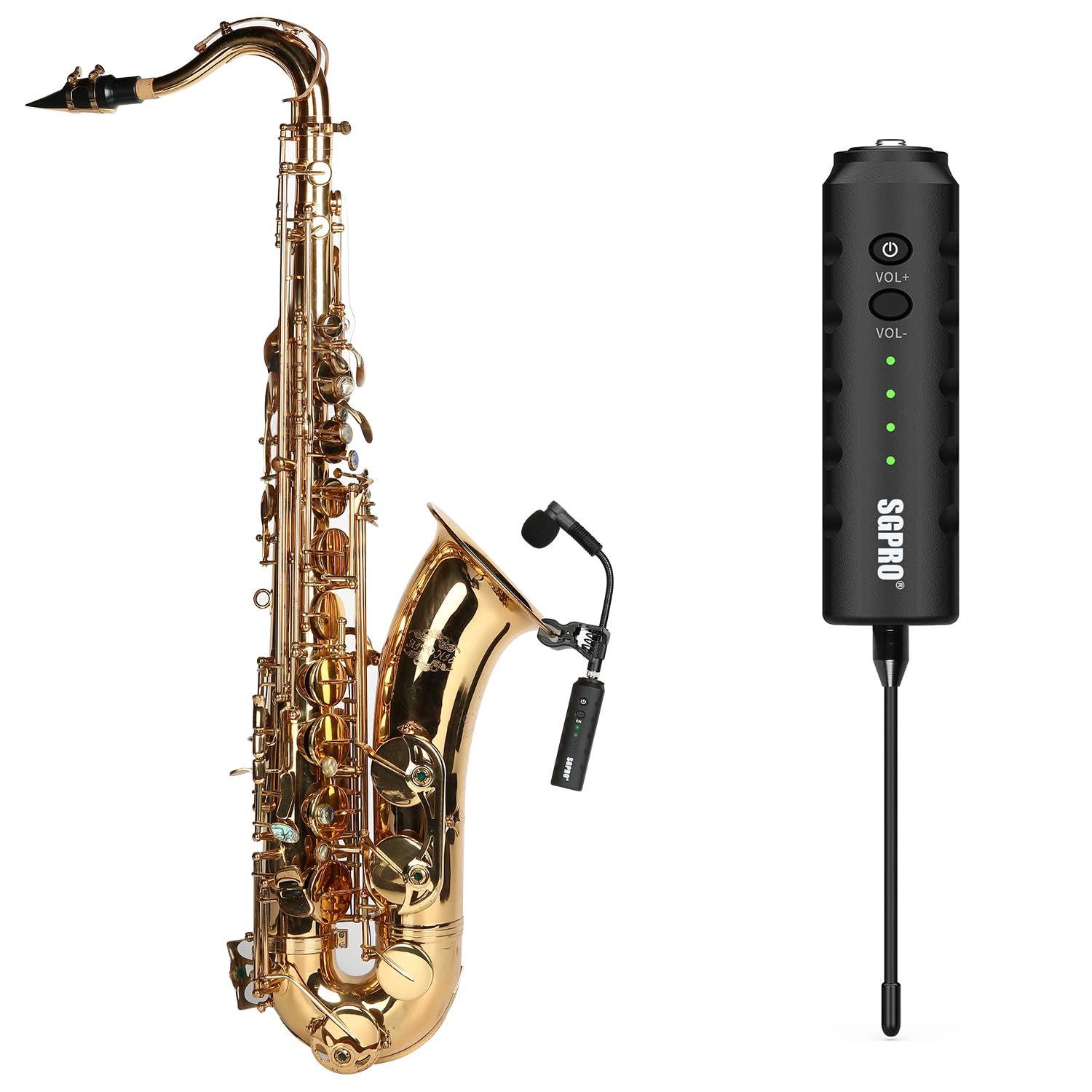 SGPRO Wireless Saxophone Microphone Systems Super Multifunctional Lavalier Mic Transmitter & Receiver for Vlogging Streaming Interview Recording Podcast