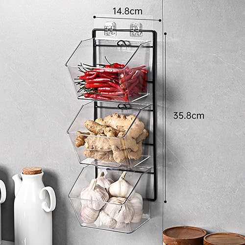 Miniatura 3 de Contenedor de almacenamiento montado en la pared, cesta de verduras colgante vertical de 3 niveles, organizador de encimera para ajo, jengibre y