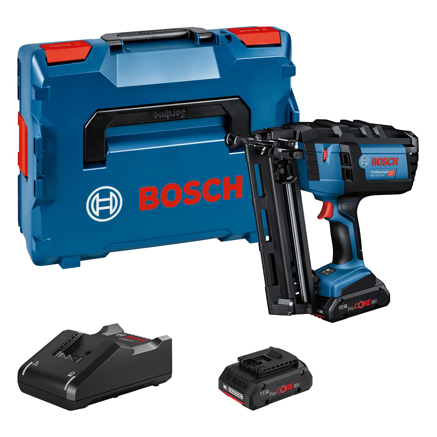 Bosch Professional Blue 18V System Cordless Nailer Gnh 18V-64 M (Max. Nail Dia. 1.6 Mm, Nail Length 64 Mm, Incl. 2X Procore18v 4.0Ah Batteries, Gal 18V-40 Charger, L-Boxx 136)