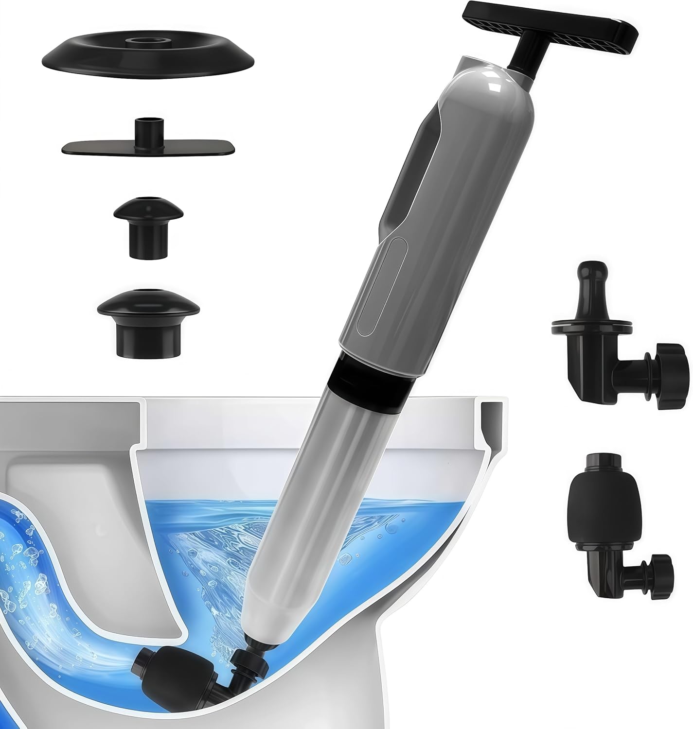 STQ06 High Pressure Toilet Plunger, Multi-Purpose Household Heavy Duty Toilet Auger with 6 Heads, 8 Bar Plungers for Bathrooms, Floors, Showers and More, Grey.