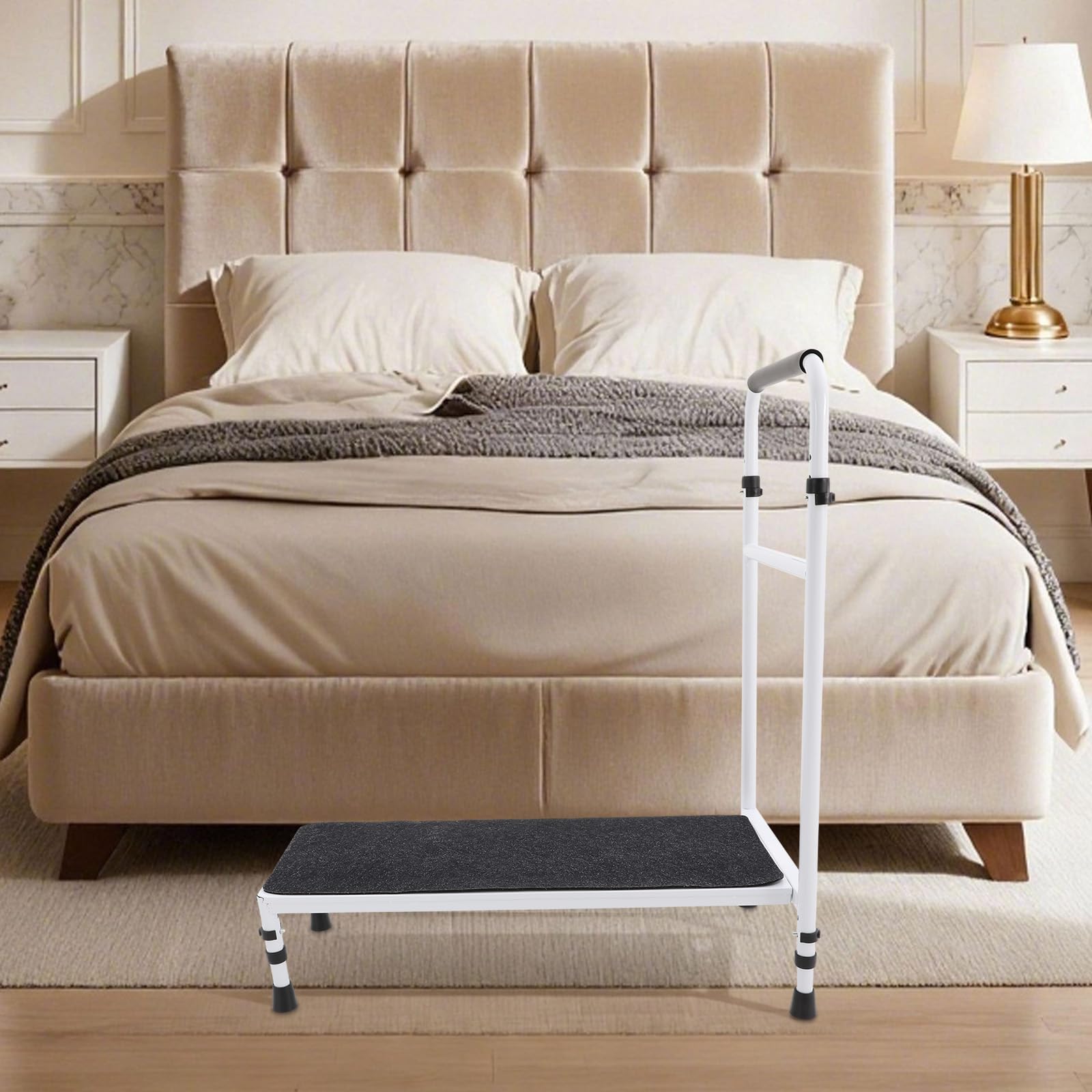 Scalino mobile di sicurezza per anziani, antiscivolo, 1 gradino, con corrimano regolabile, portata fino a 150 kg, ideale per vasca da bagno, letto e veicolo (bianco)