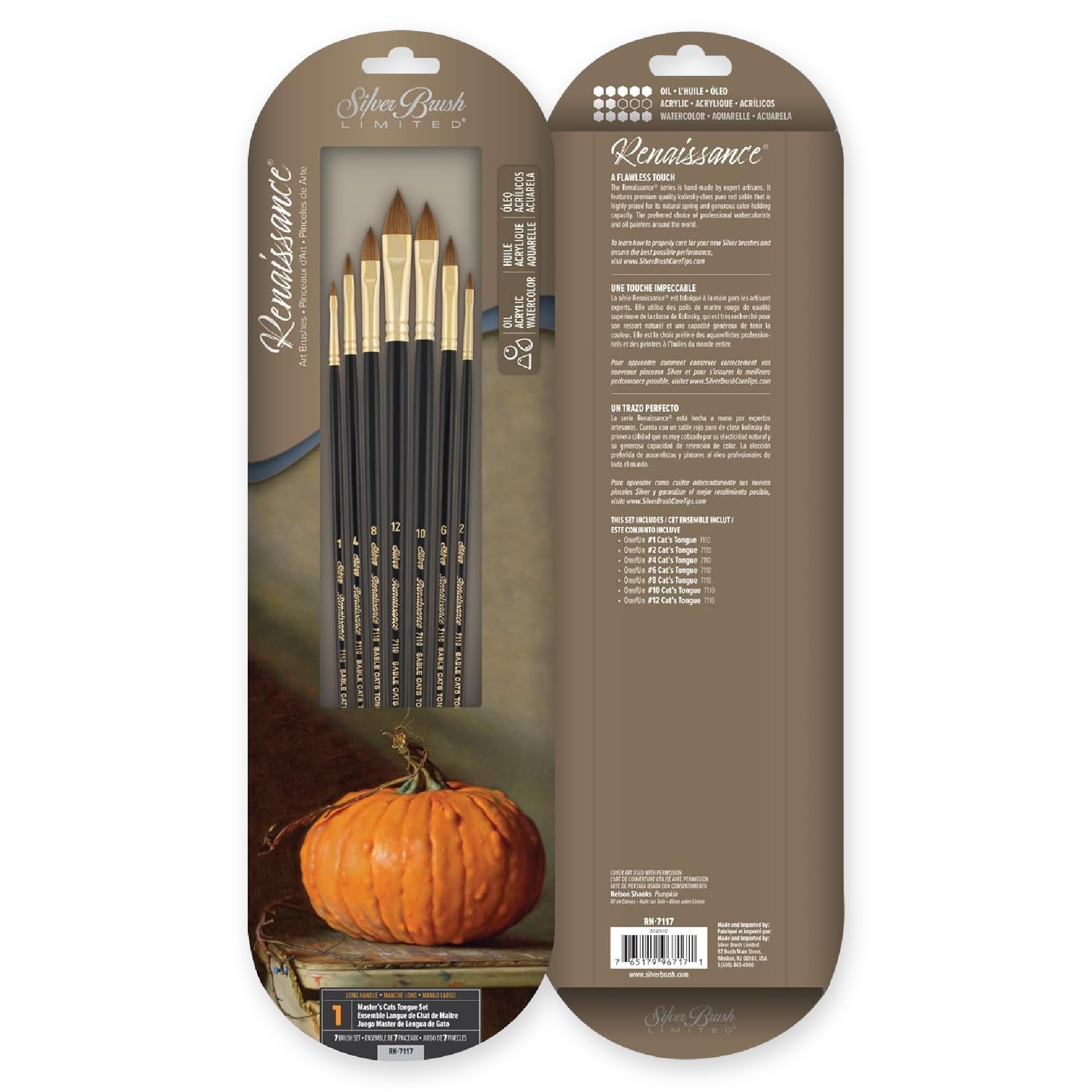 Silver Brush Limited - Assortiment de 7 pinceaux Langue de Chat Renaissance pour l’Aquarelle et la Peinture à l'huile - Manche Long - Tailles 1, 2, 4, 6, 8, 10, 12
