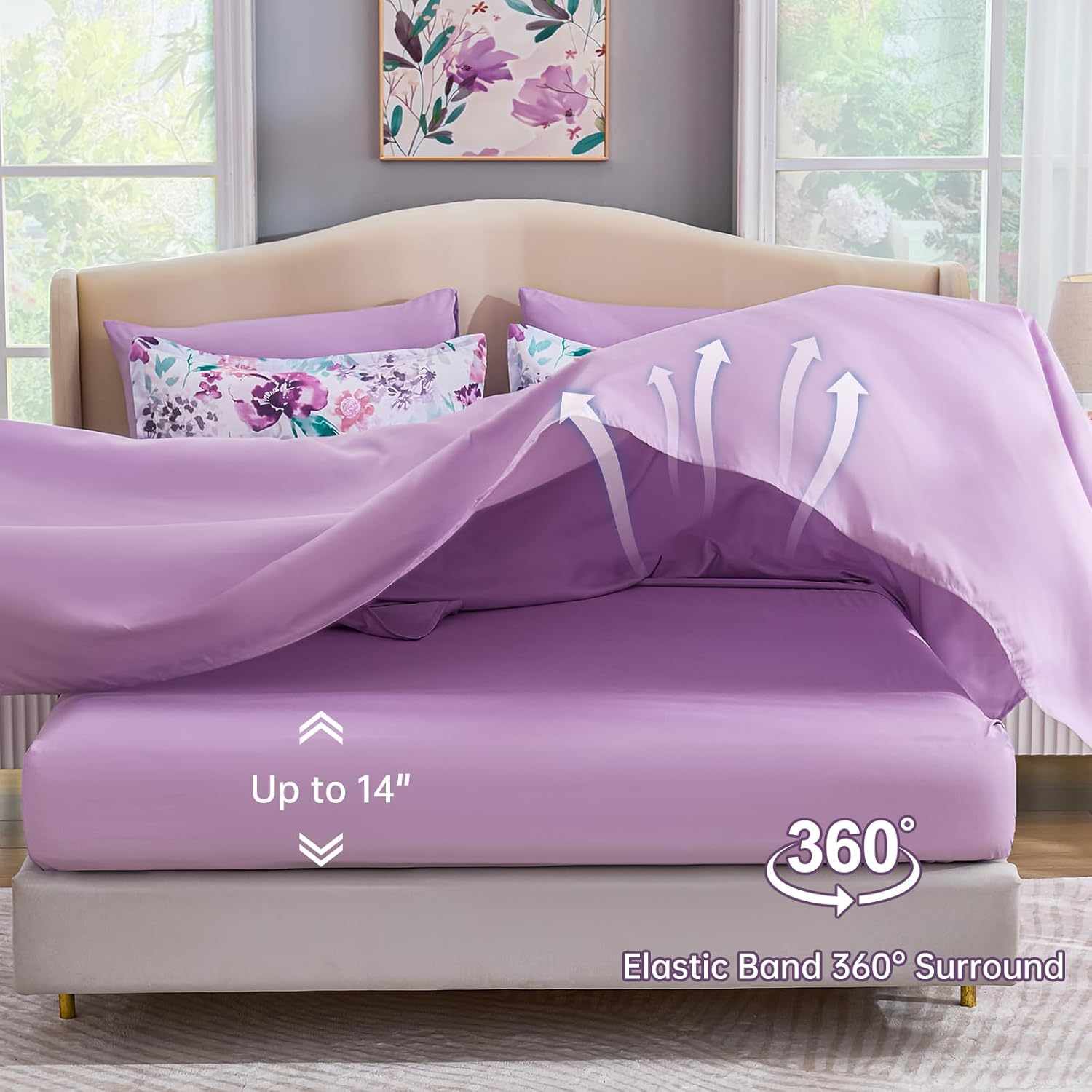 Luxudecor Floral Comforter Set Queen Size 7 Pieces Bed in a Bag, Purple Flower Watercolor Bed Set, Soft Comforter with Sheet Set 90"x90"