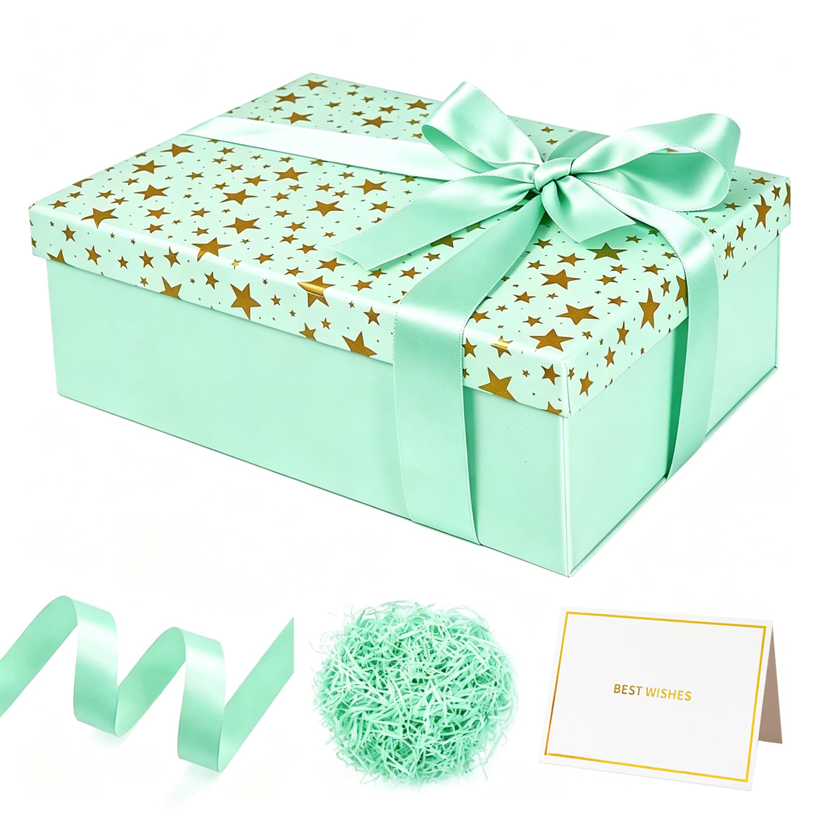 Large Gifts Boxes for Presents, Star Gifts Boxes with Magnetic Lids, Birthday Box with Card, Ribbon, Filler for Kids Men Women Birthday Wedding Anniversary, Christmas (Green)