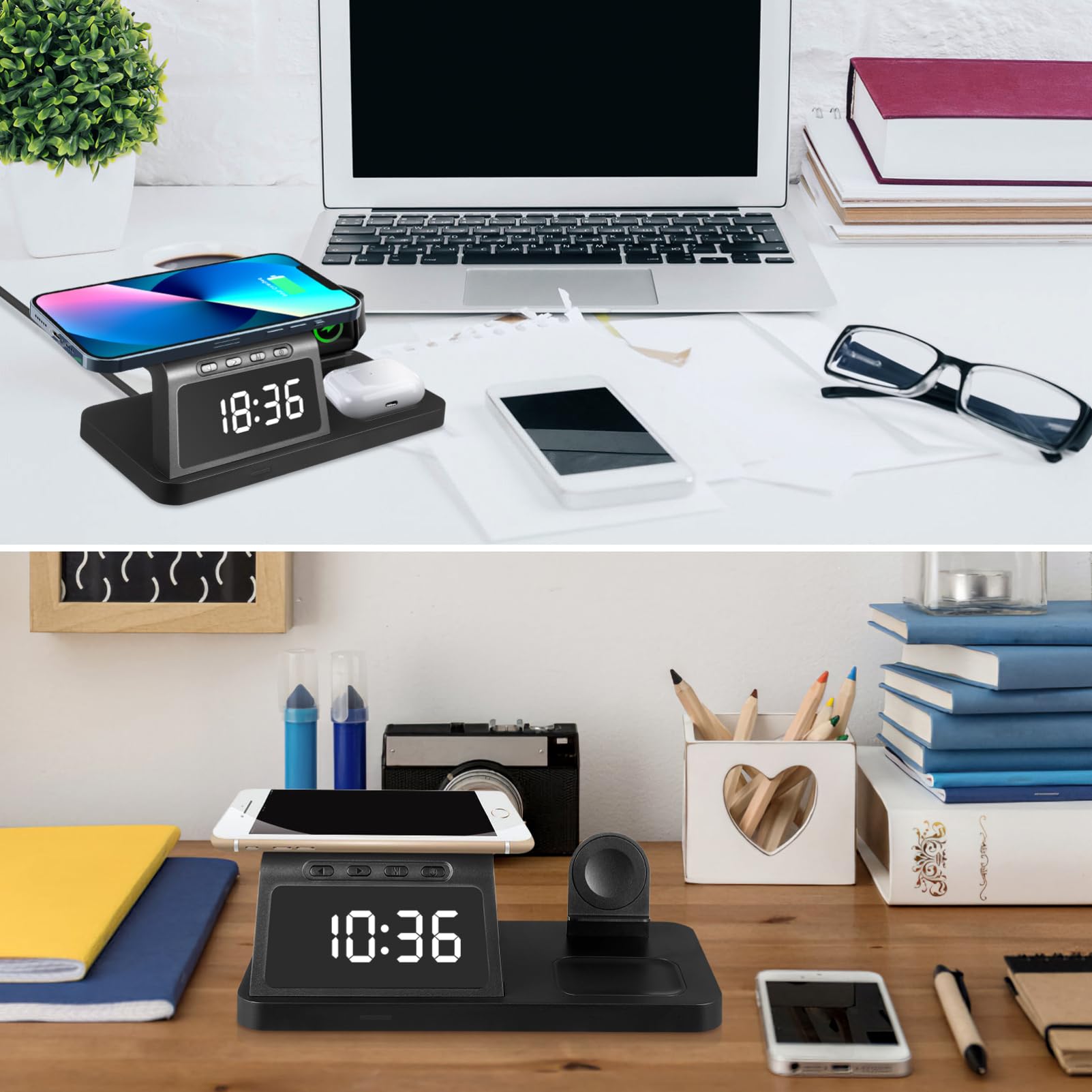 Support De Charge sans Fil pour Montre Intelligente, Téléphone Et Écouteurs avec Horloge Numérique Intégrée Et Affichage