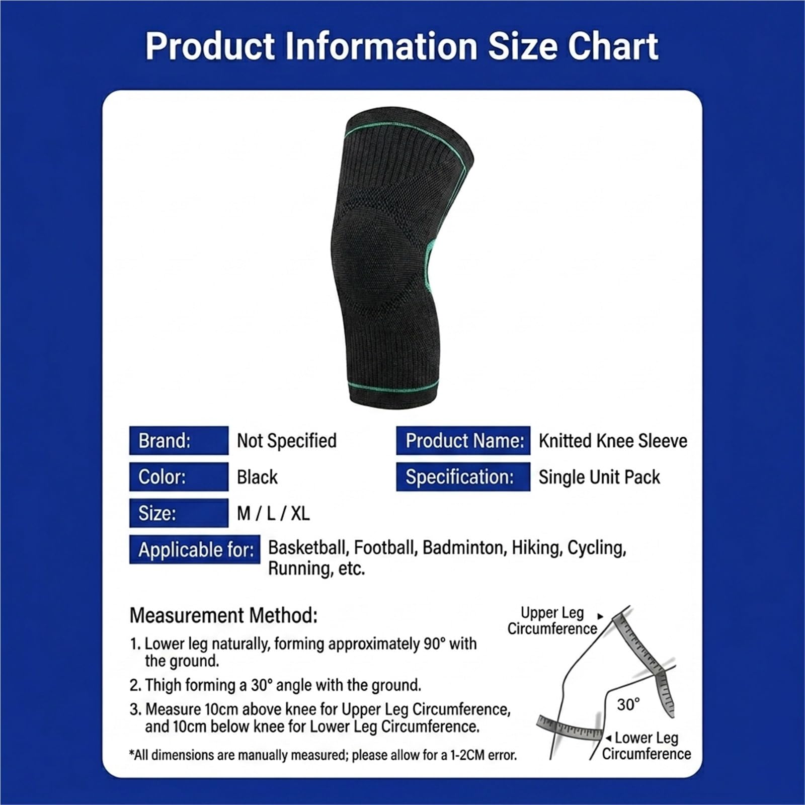 Ginocchiera di supporto per uomo e donna, tutore compressivo per ginocchio per corsa, sollievo dal dolore articolare, palestra, basket, sport, ginocchiera traspirante in maglia, fascia singola (L