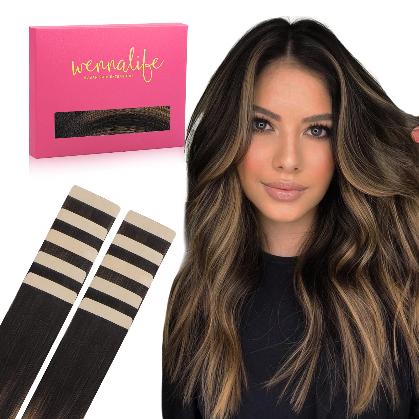 WENNALIFE Tape in Hair Extensions Human Hair Balayage Natural Black to Chestnut Brown Tape in Extensions, 10pcs 20g 10 inch Remy Invisible Tape Ins