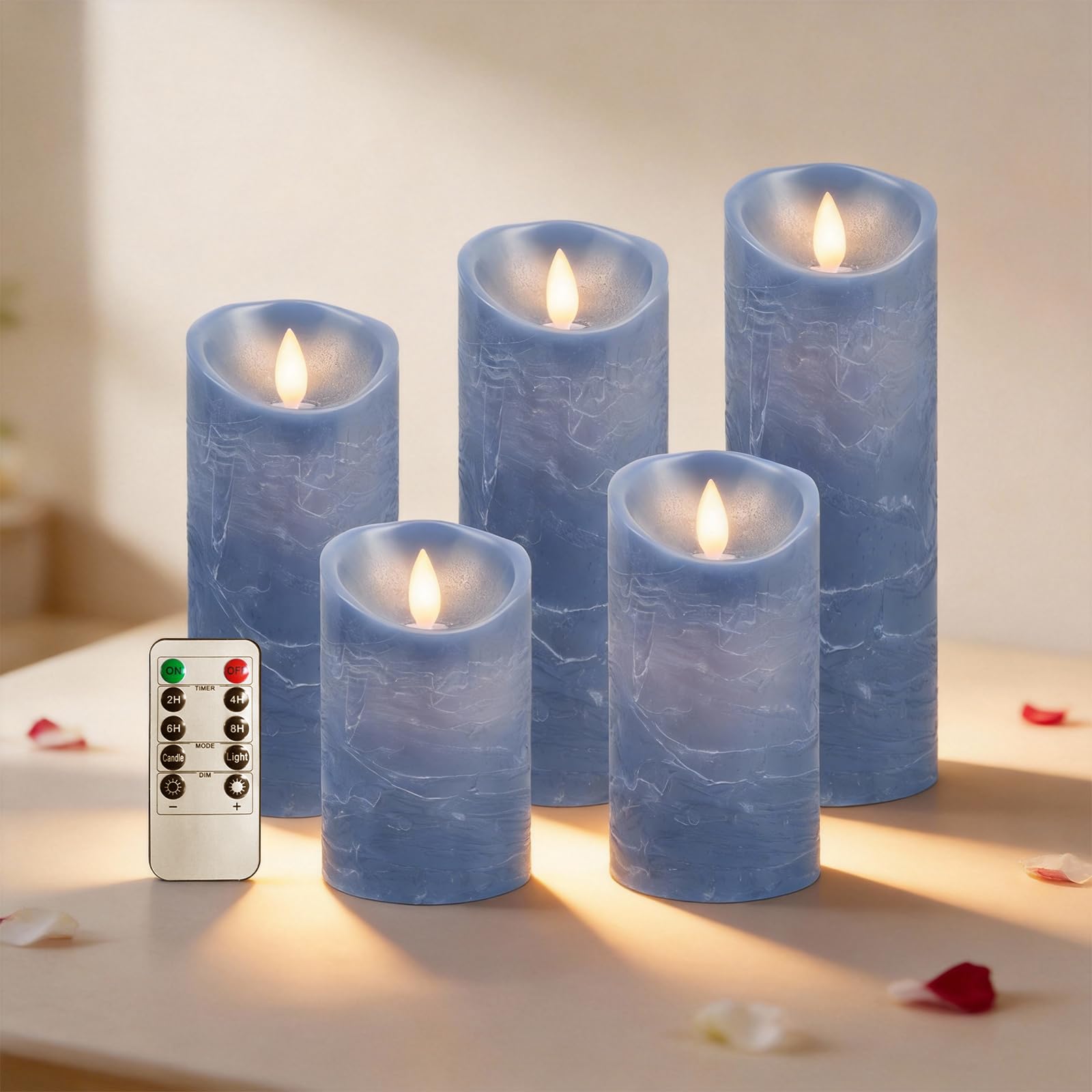 RosMank 5er Set LED-Kerzen, mit 10-Tasten-Fernbedienung, Flammenlos, aus Echtem Wachs, mit Flackernder Flamme, Dekoration für Weihnachten, Geburtstag, Hochzeit und Party, Blau