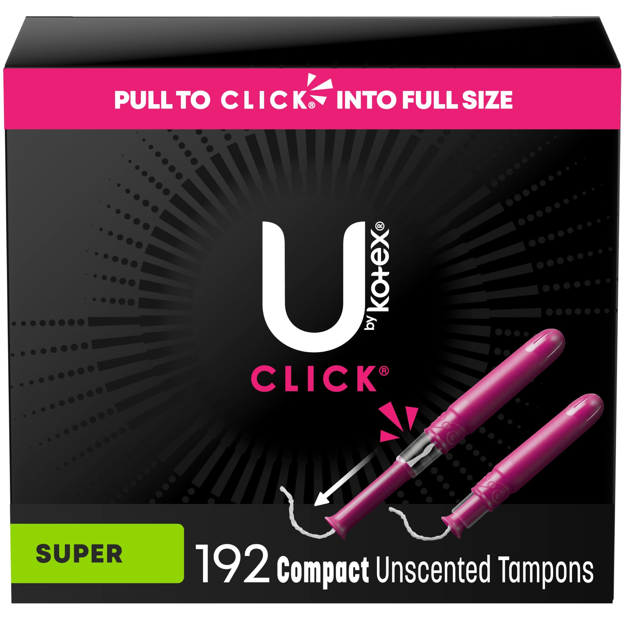 U by Kotex Click Compact Tampons, Super, Unscented, 192 Count (6 Packs of 32) (Packaging May Vary)