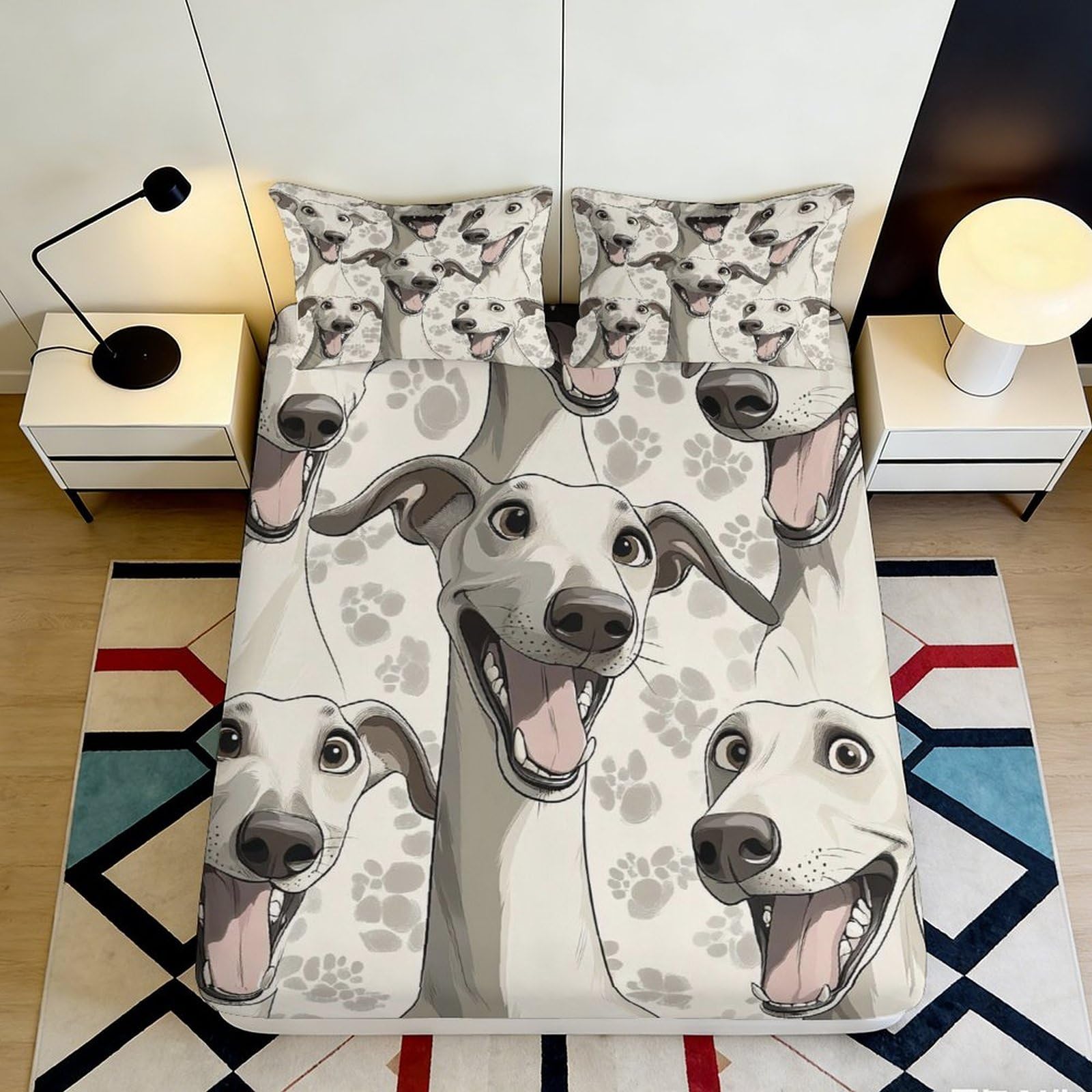 3D Printed Happy Dog Pattern Fitted Sheet Microfiber Soft Durable Smiling Dog Bed Cover for Bedroom Dormitory Guest Room Mattress Protection 140x200x25cm