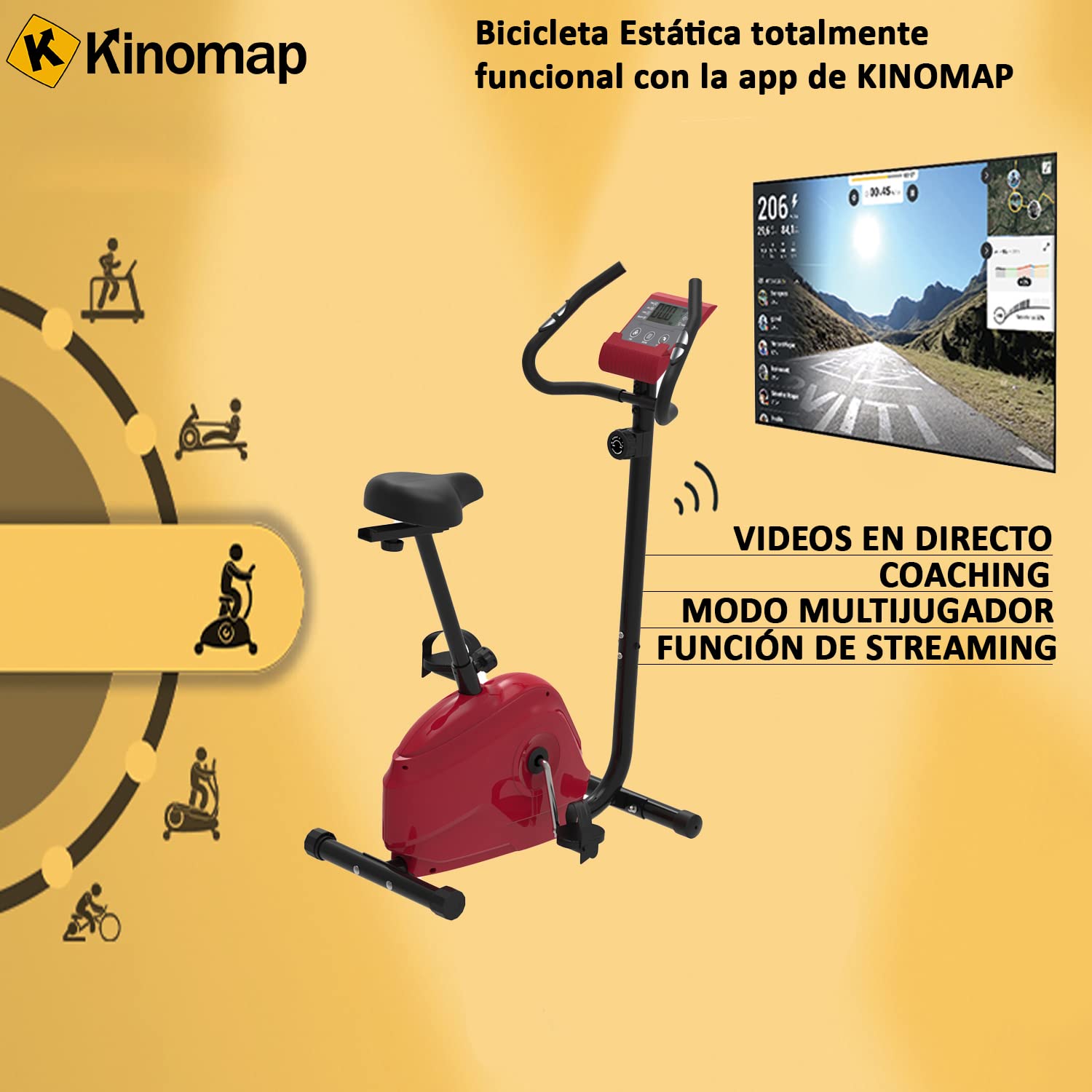Bicicleta estática - 8 intensidades diferentes - Conexión app Kinomap - Chasis Reforzado Soporta hasta 150kgs - Deporte en casa