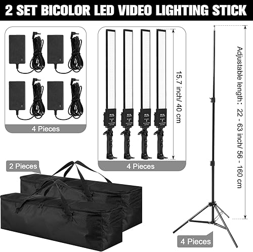 Miniatura 2 de Xuhal Juego de 2 varitas de iluminación LED bicolor, luces de fotografía ajustables con trípode de 22-63 pulgadas, 3200K-5500K, 192 luces de relleno